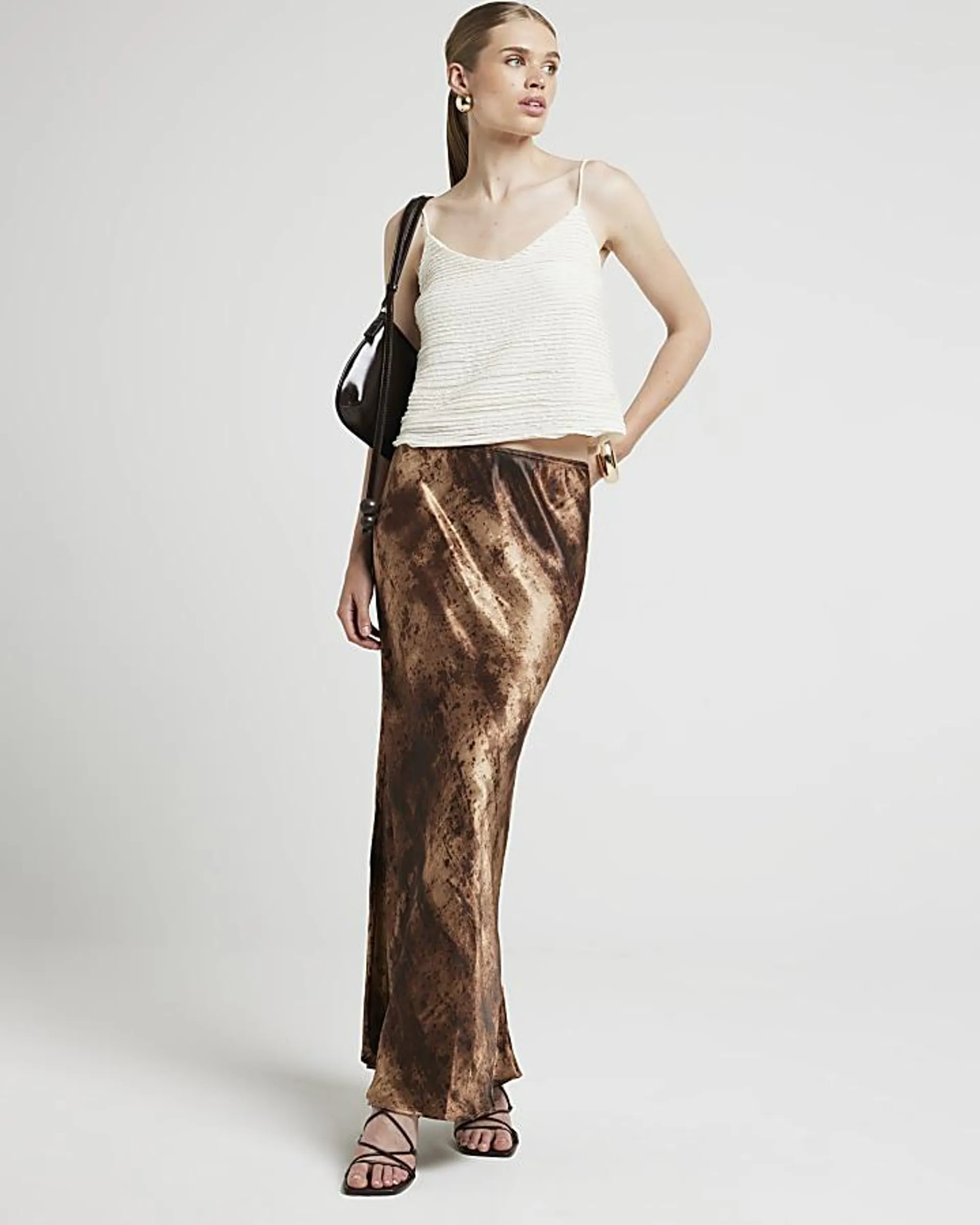 Brown Satin Abstract Maxi Skirt