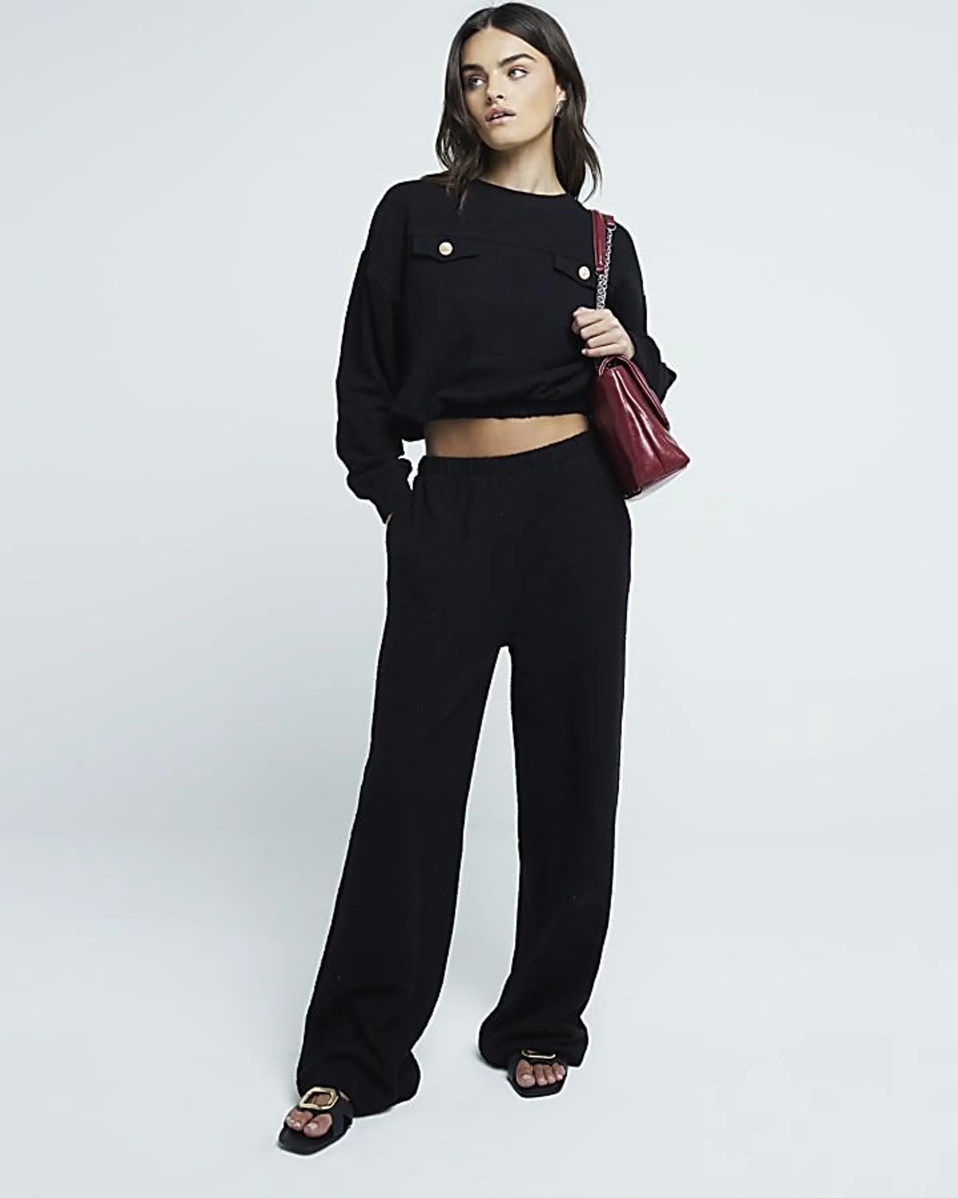 Black boucle wide leg trousers