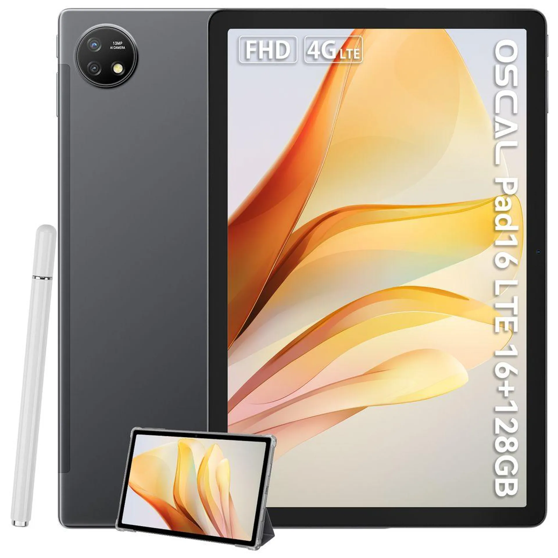 OSCAL Pad16 Tablet 10,5 Zoll mit Touchstift und Hülle, 16GB RAM+128GB ROM, 8200mAh Akku, 13MP Kamera, Gesichtserkennung, Dual SIM 4G, 5G WiFi, Grau