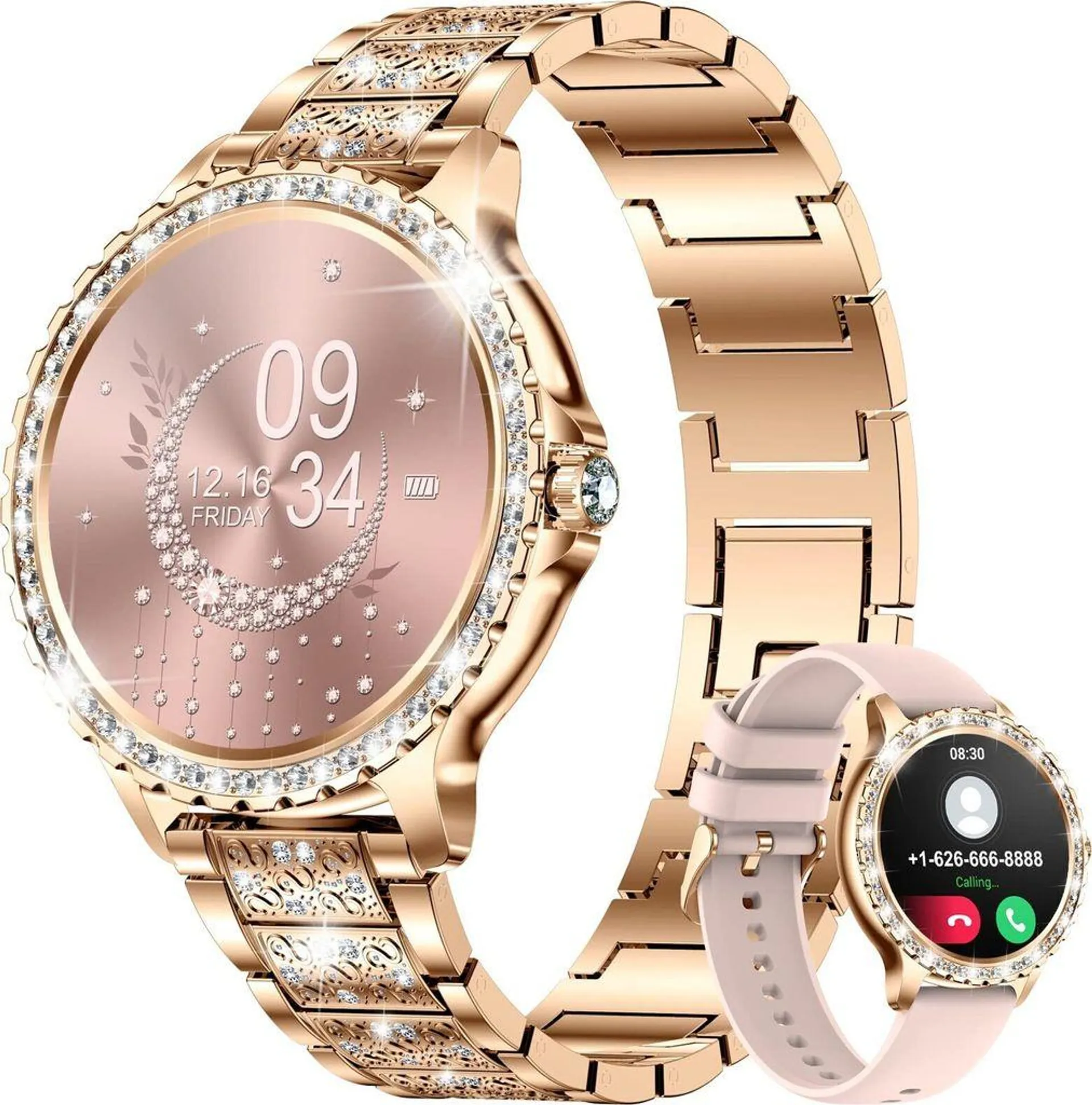 Smartwatch Damen mit Telefonfunktion,20 Sportmodi Armbanduhr mit Menstruationszyklus Schlafmonitor Schrittzähler Fitnessuhr Damen für Android iOS, gold