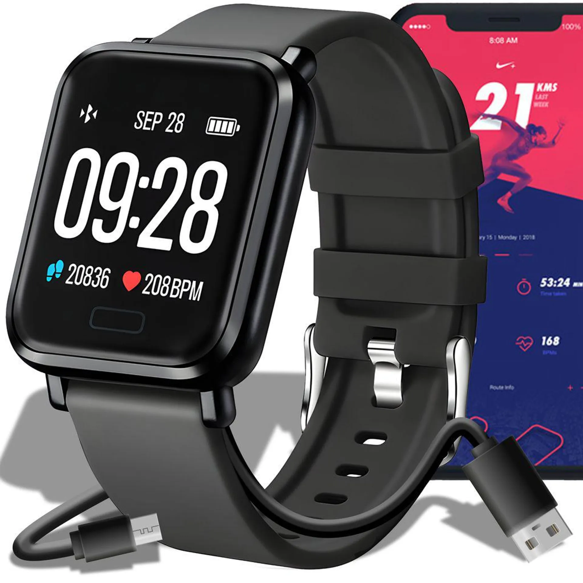 Smart Watch 45mm Smartwatch IP67 Armbanduhr Touchscreen Sport Band Fitness Armband Black Watch Geschenk Android iOS Herren Damen Kinder Retoo
