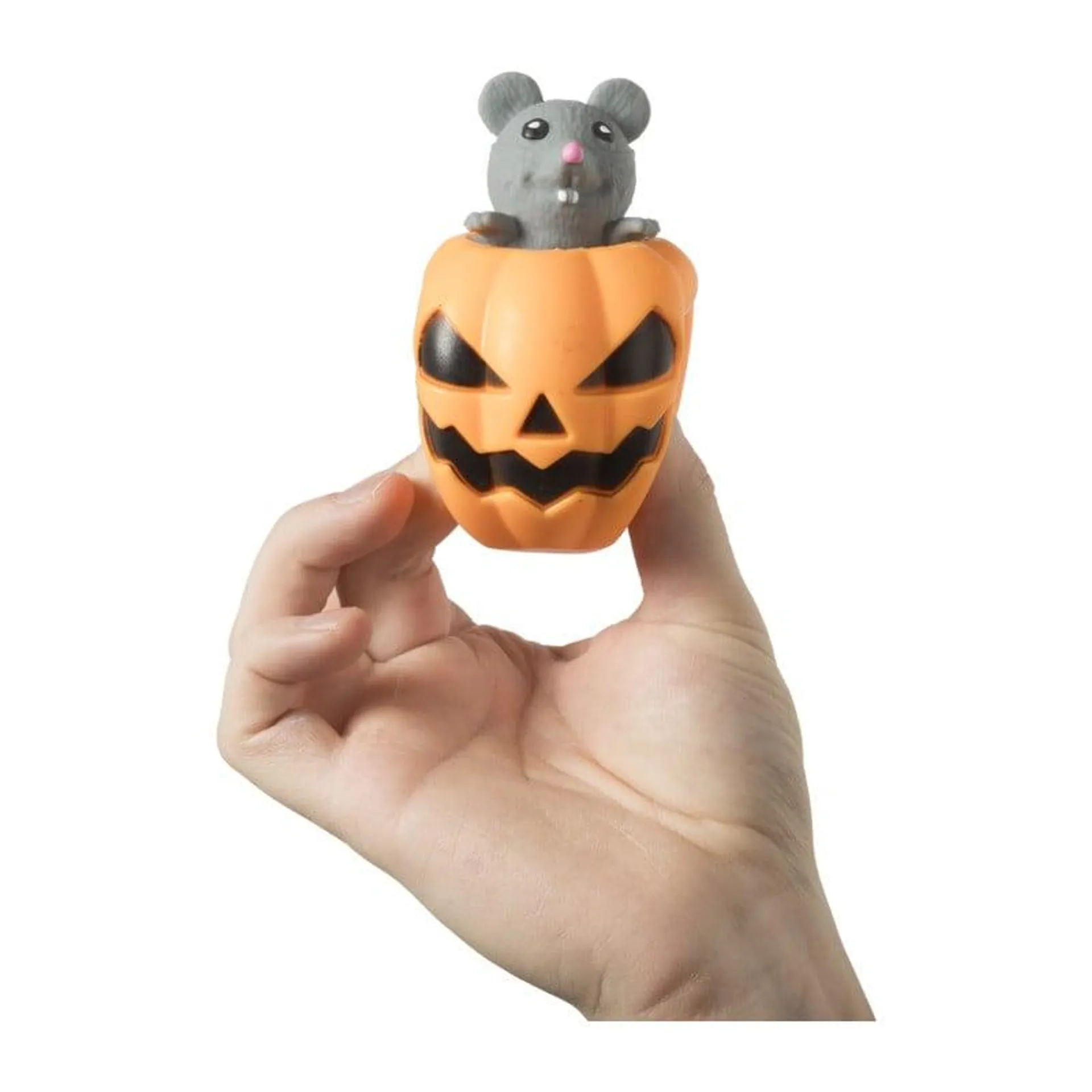 Stressbal pompoen met muis - oranje/grijs - ø6x6 cm