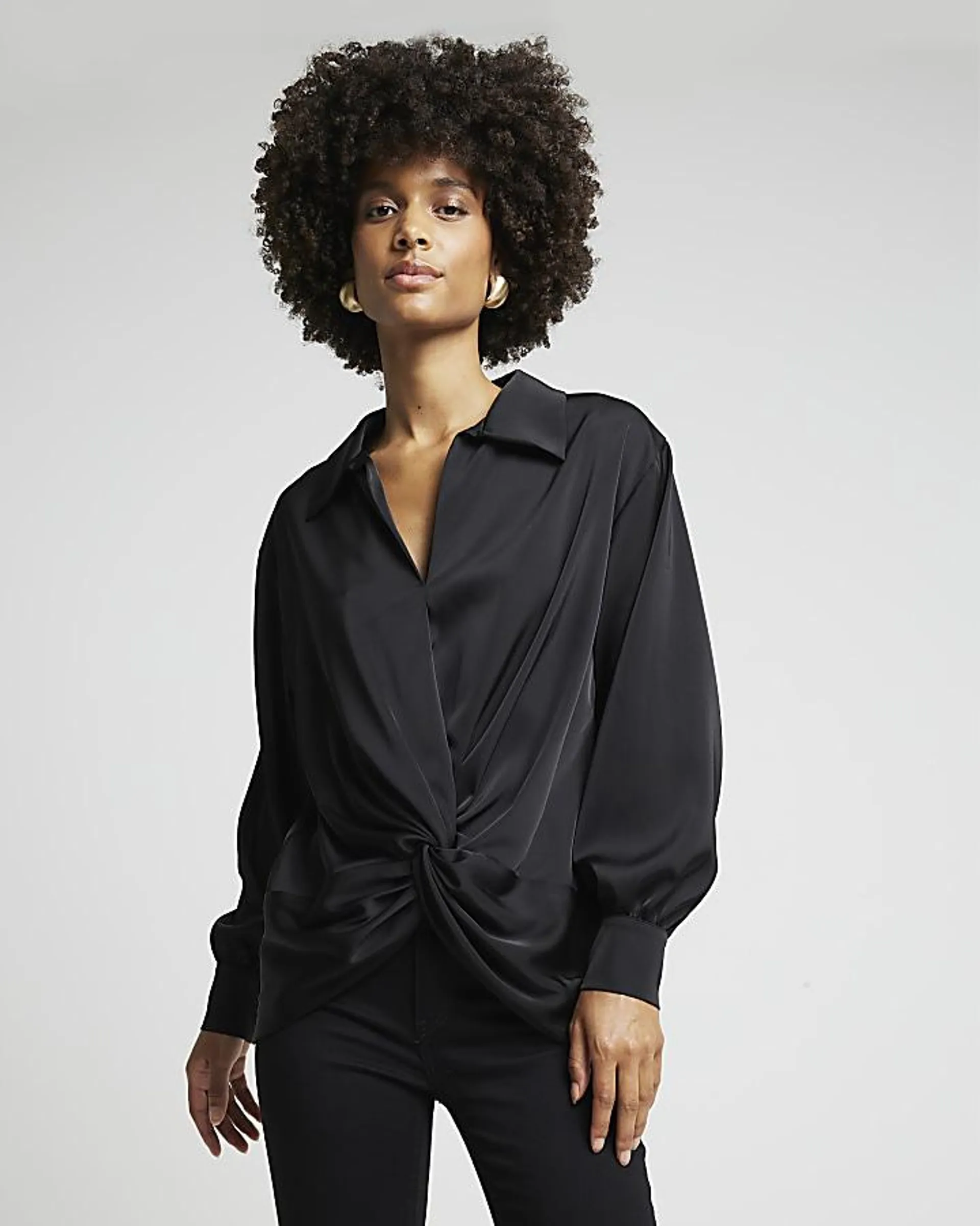 Black satin front knot blouse