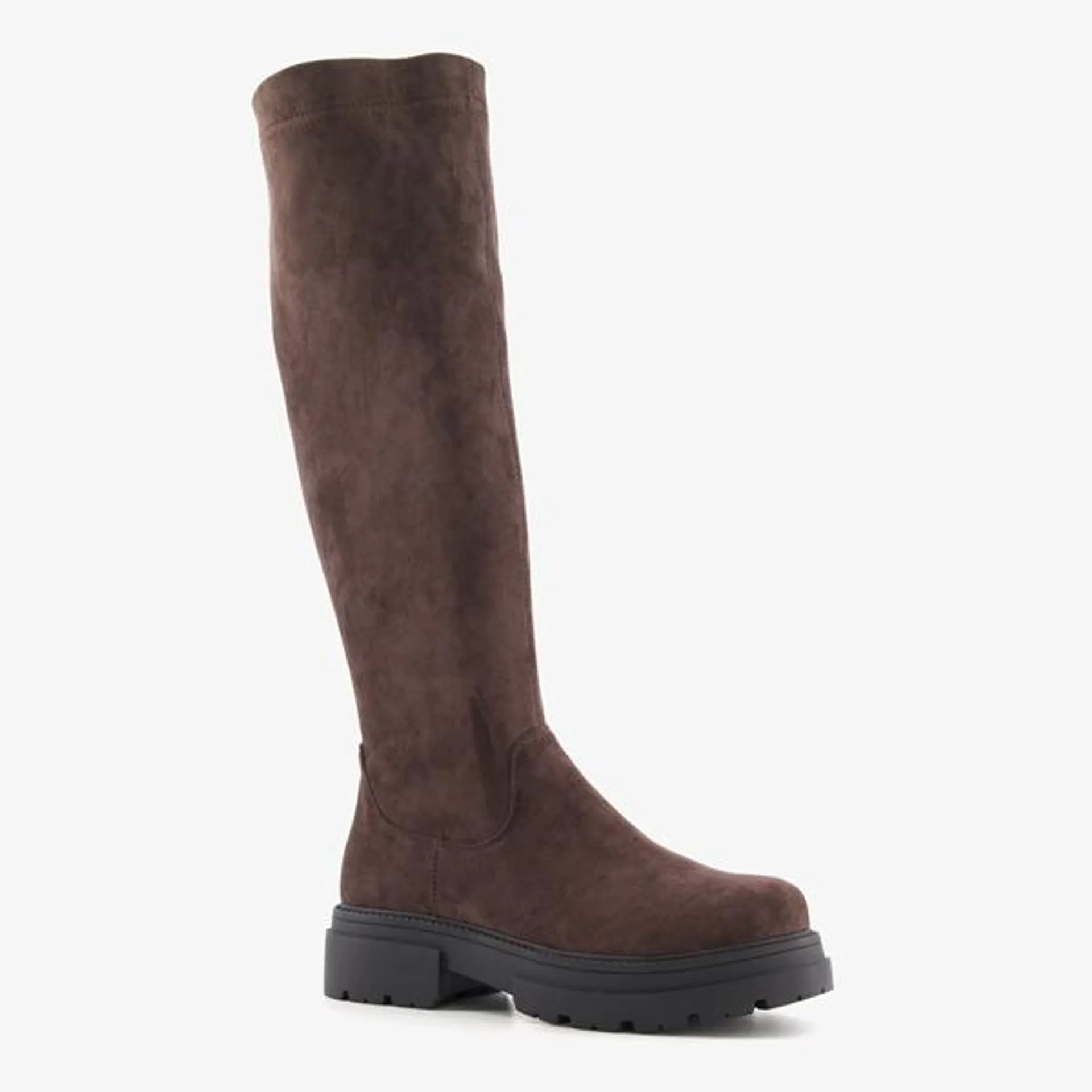 Hoge, bruine stretch boots voor dames. Gemaakt van imitatieleer, een binnen...