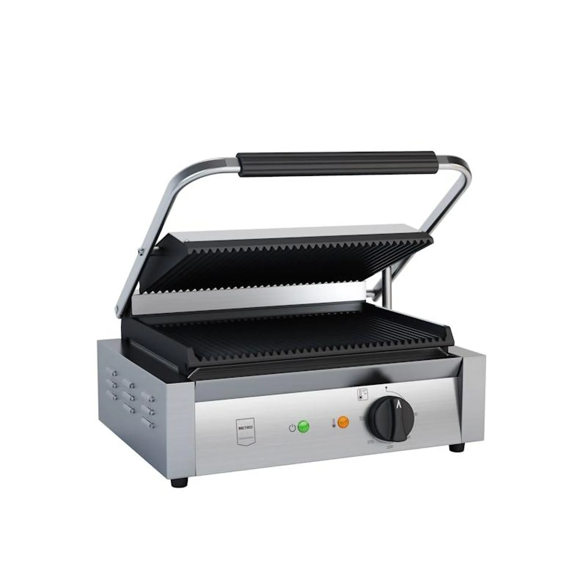 METRO Professional Enkele contactgrill GPG1201, roestvrij staal, 43 x 36 x 20 cm, 3000 W, temperatuurbereik: 50 - 300°C, 45 panini per uur, zilver