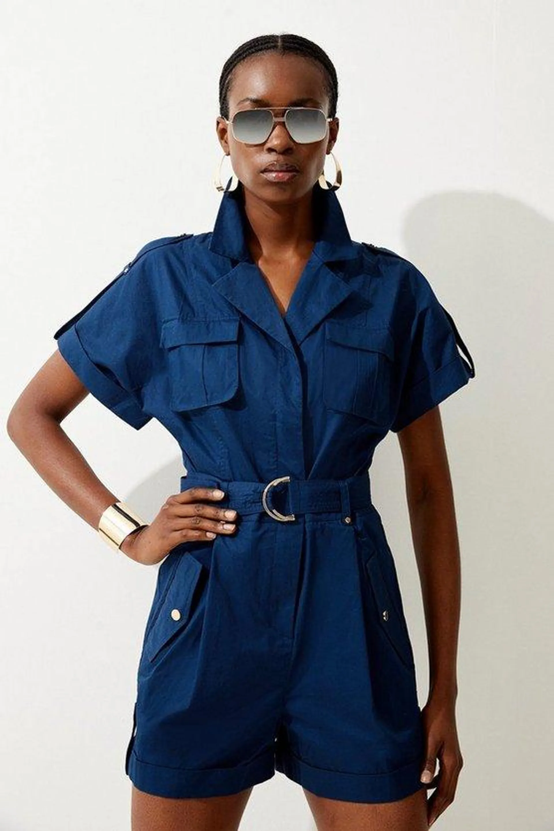 Cotton Sateen Utility Pocket Belted Playsuit