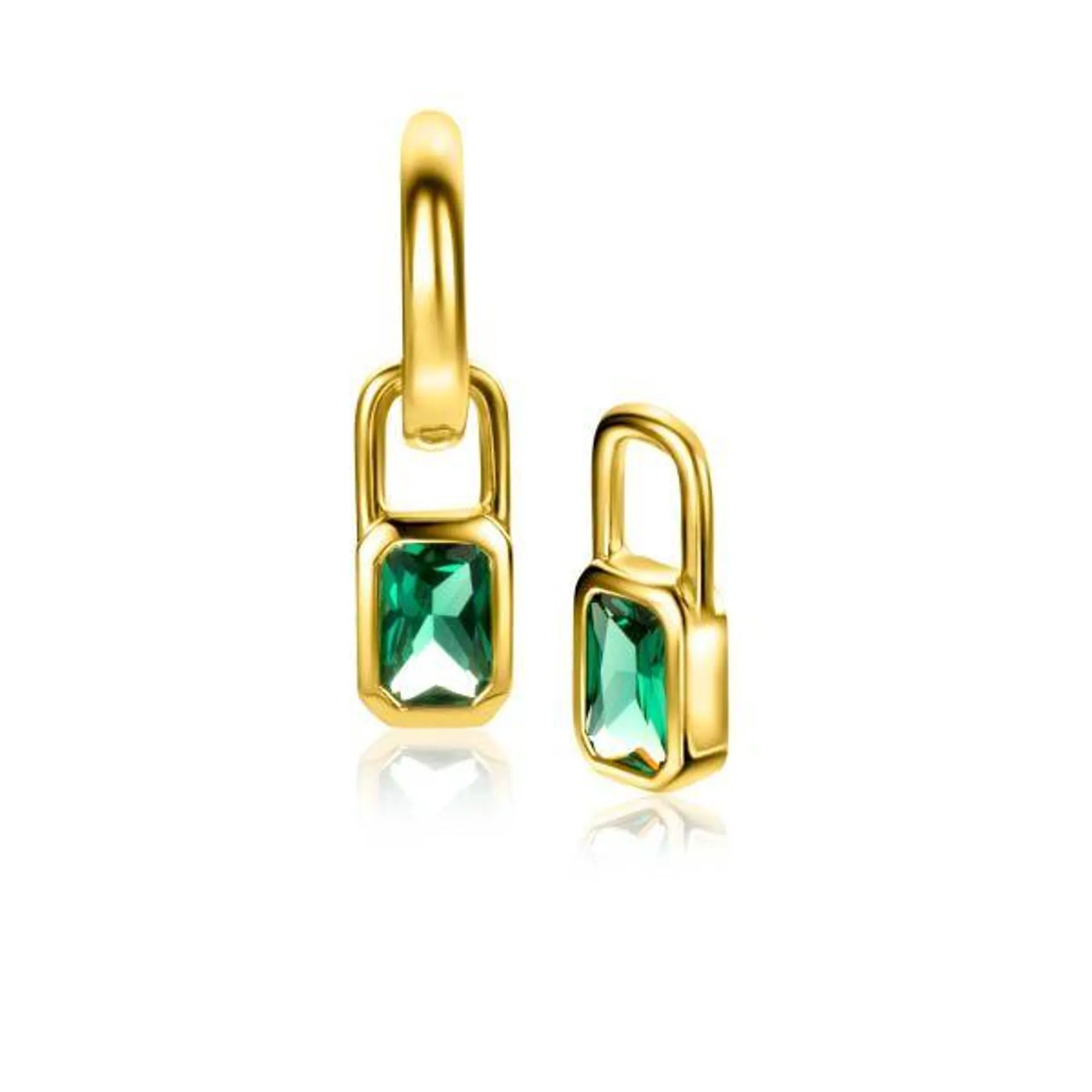 13mm ZINZI Gold Plated Sterling Silver Earrings Pendants Rectangle with Green Color Stones ZICH2307 (excl. hoop earrings)