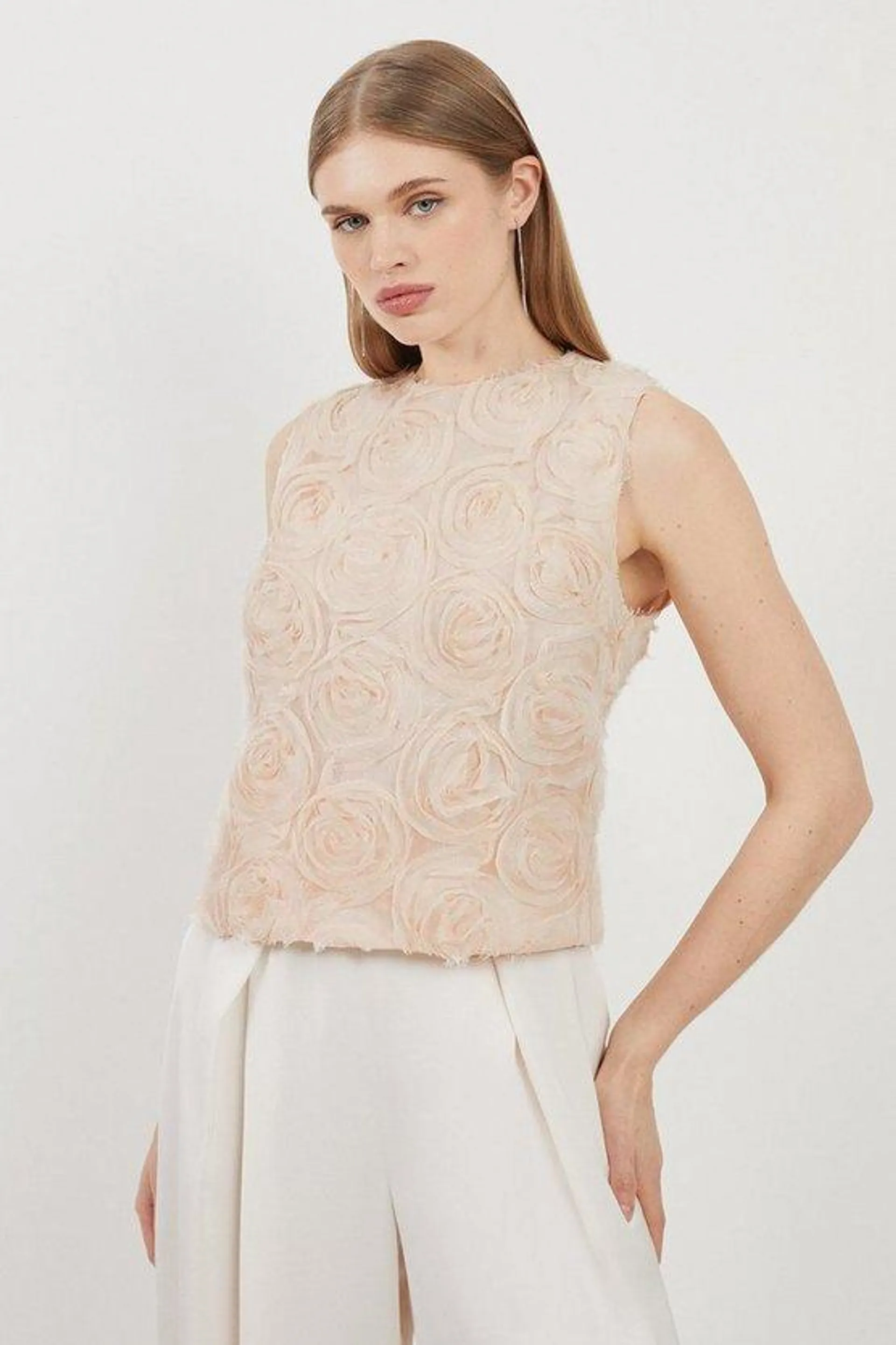 Crinkle Rosette Woven Sleeveless Top