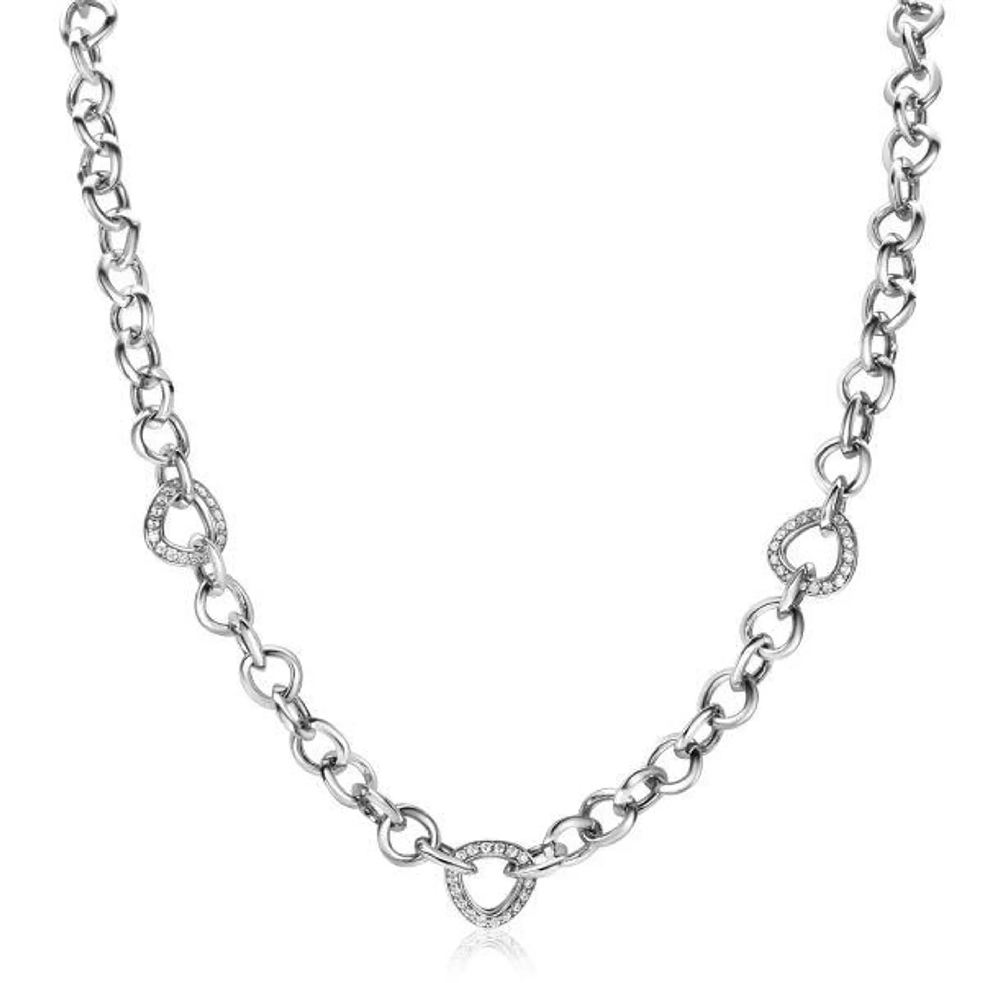 ZINZI luxe zilveren collier met driehoek schakels, bezet met witte zirconia's 45 cm ZIC2388