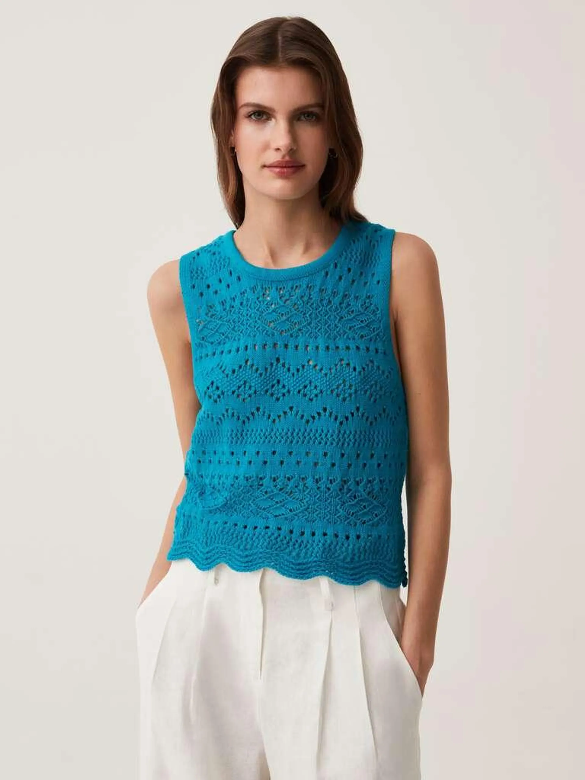 Dark Blue Tank top in crocheted cotton