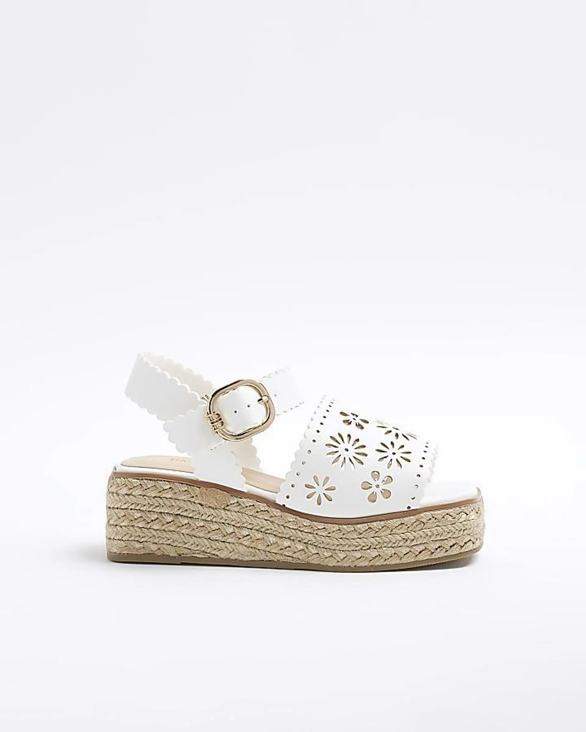 Girls white cut out scallop wedge sandals