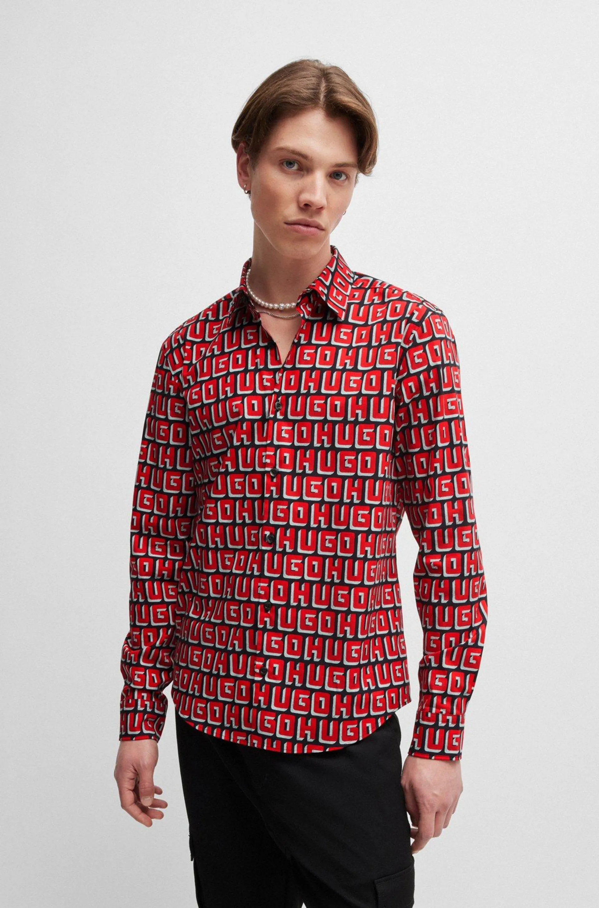 Slim-fit shirt in logo-print stretch-cotton poplin