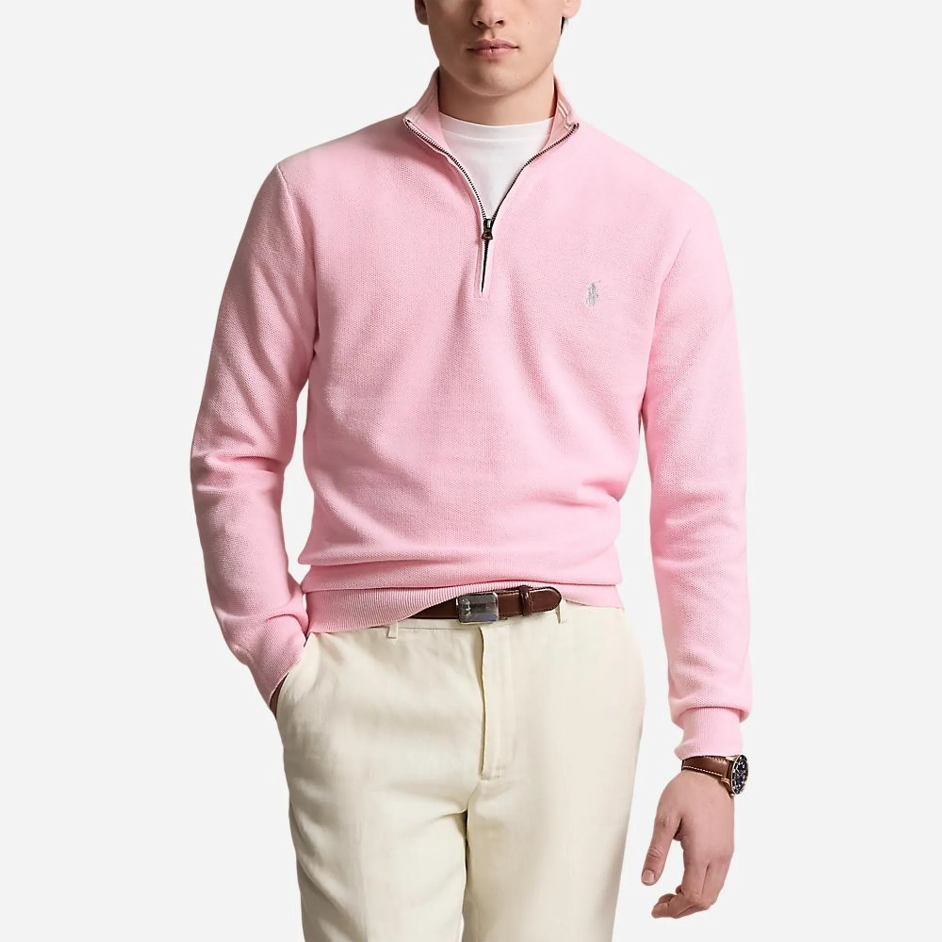 Mesh-Knit Cotton Quarter-Zip Sweater - Carmel Pink