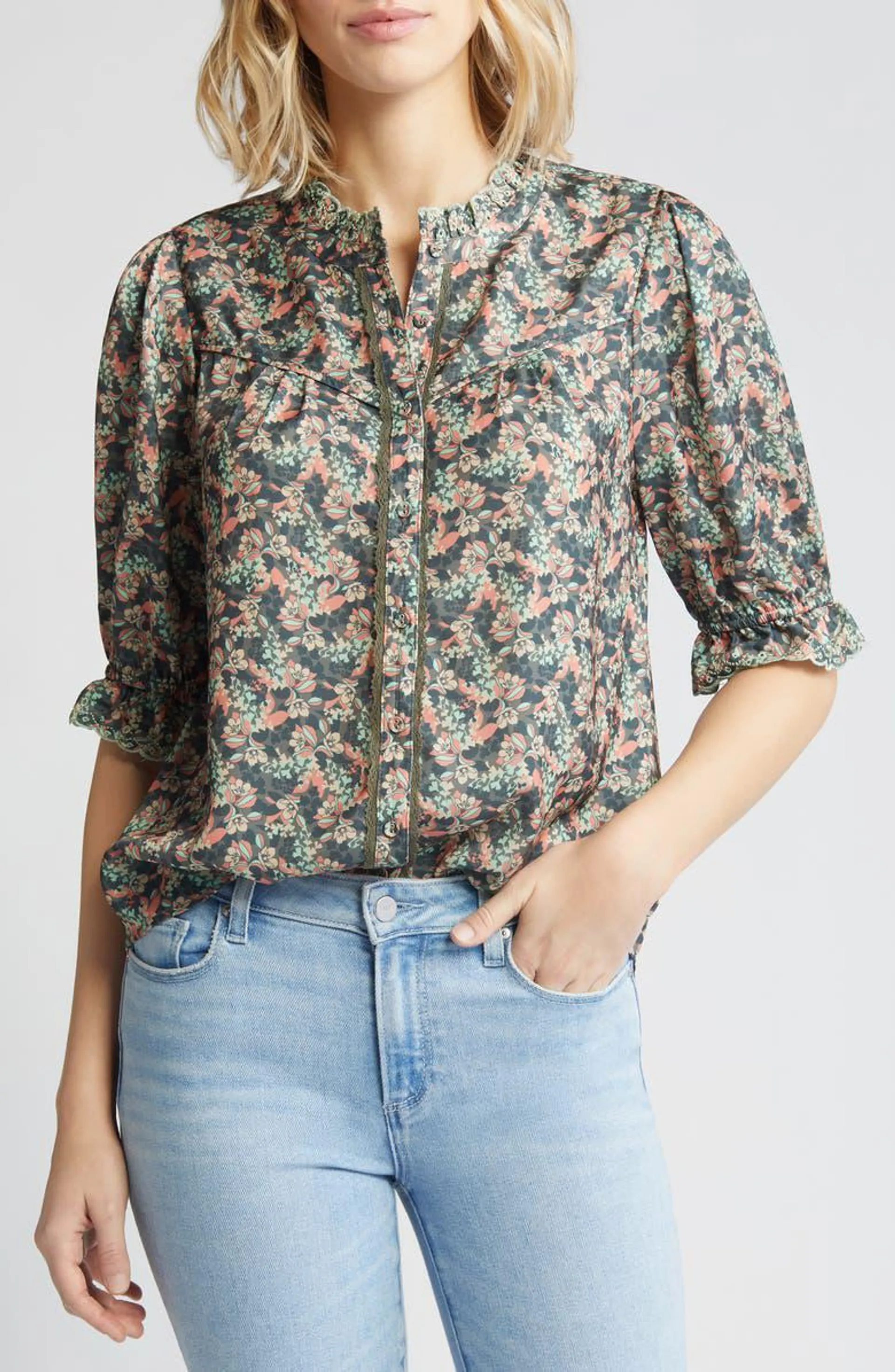 Print Ruffle Eyelet Shirt