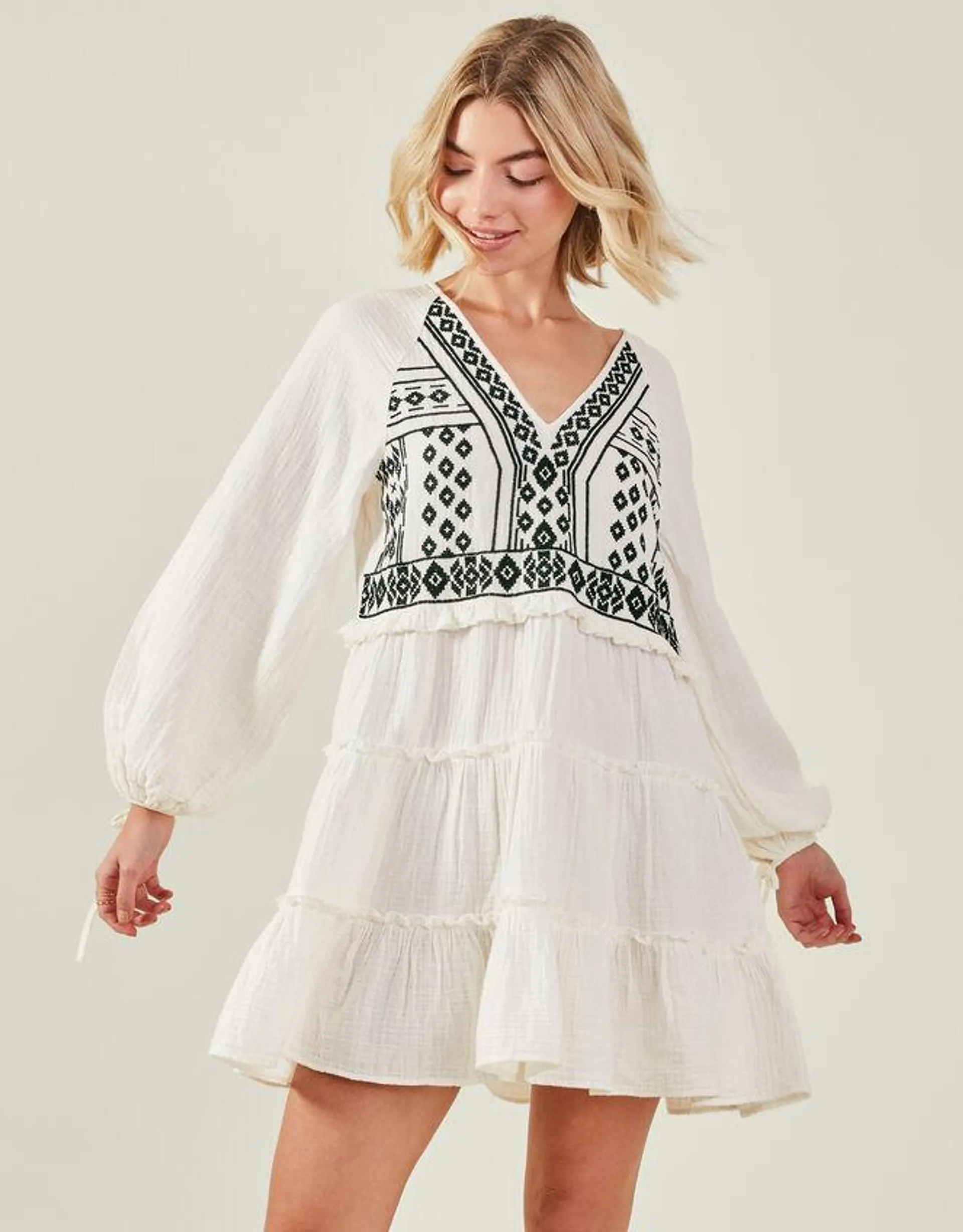 Embroidered Ruffle Dress Cream