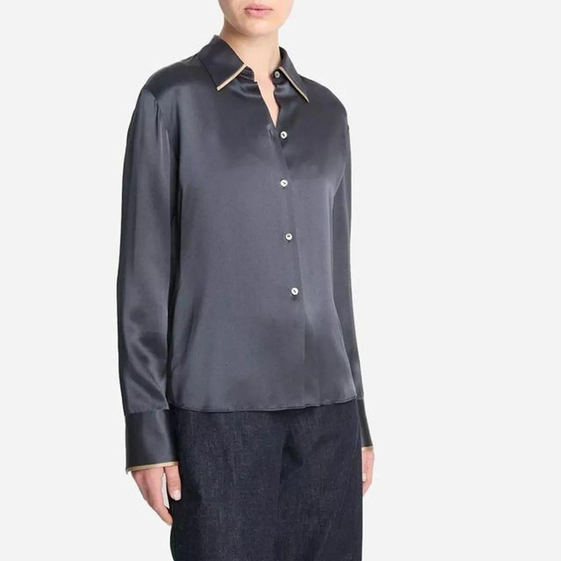 Silk Tipped Slim Long-Sleeve Blouse - Graphite