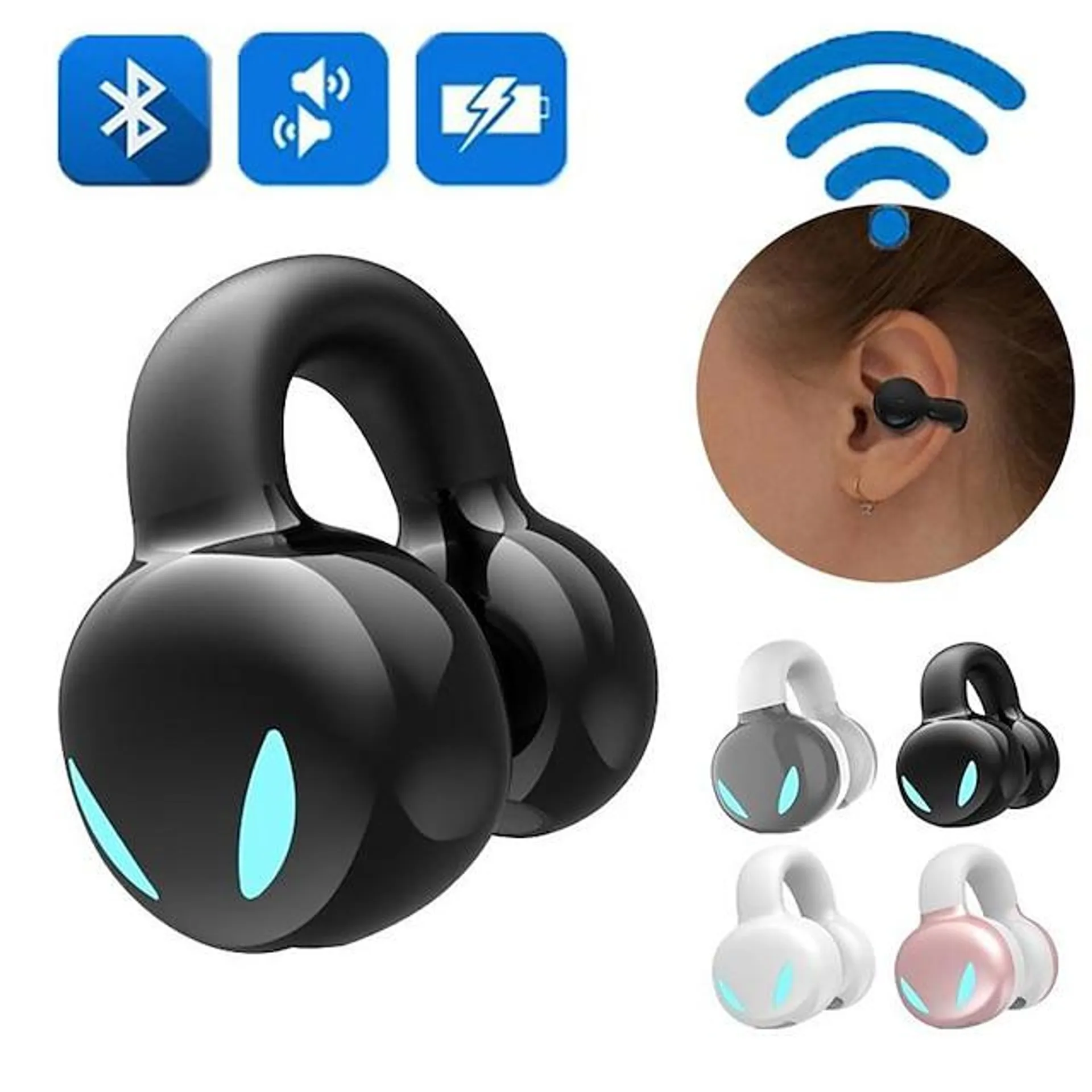 1 stk smertefri slitasje trådløst bluetooth-hodesett, støyreduserende øreklips bluetooth-øretelefoner, åpne øre-hodetelefoner for forretningskjøring