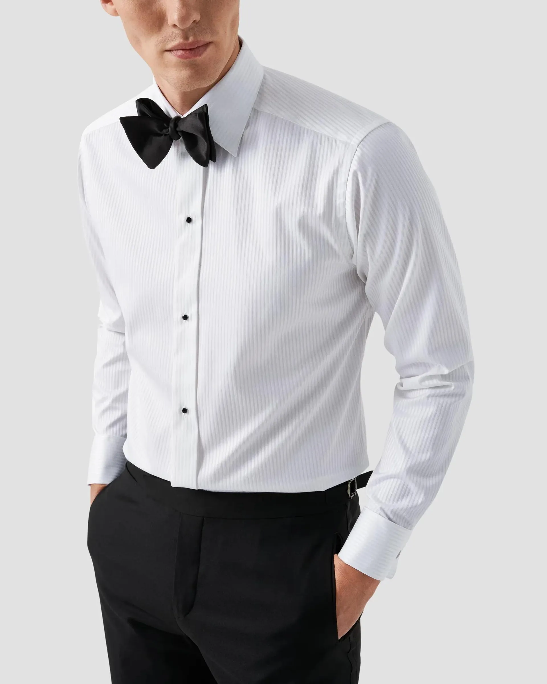 White Striped Satin Tuxedo Shirt