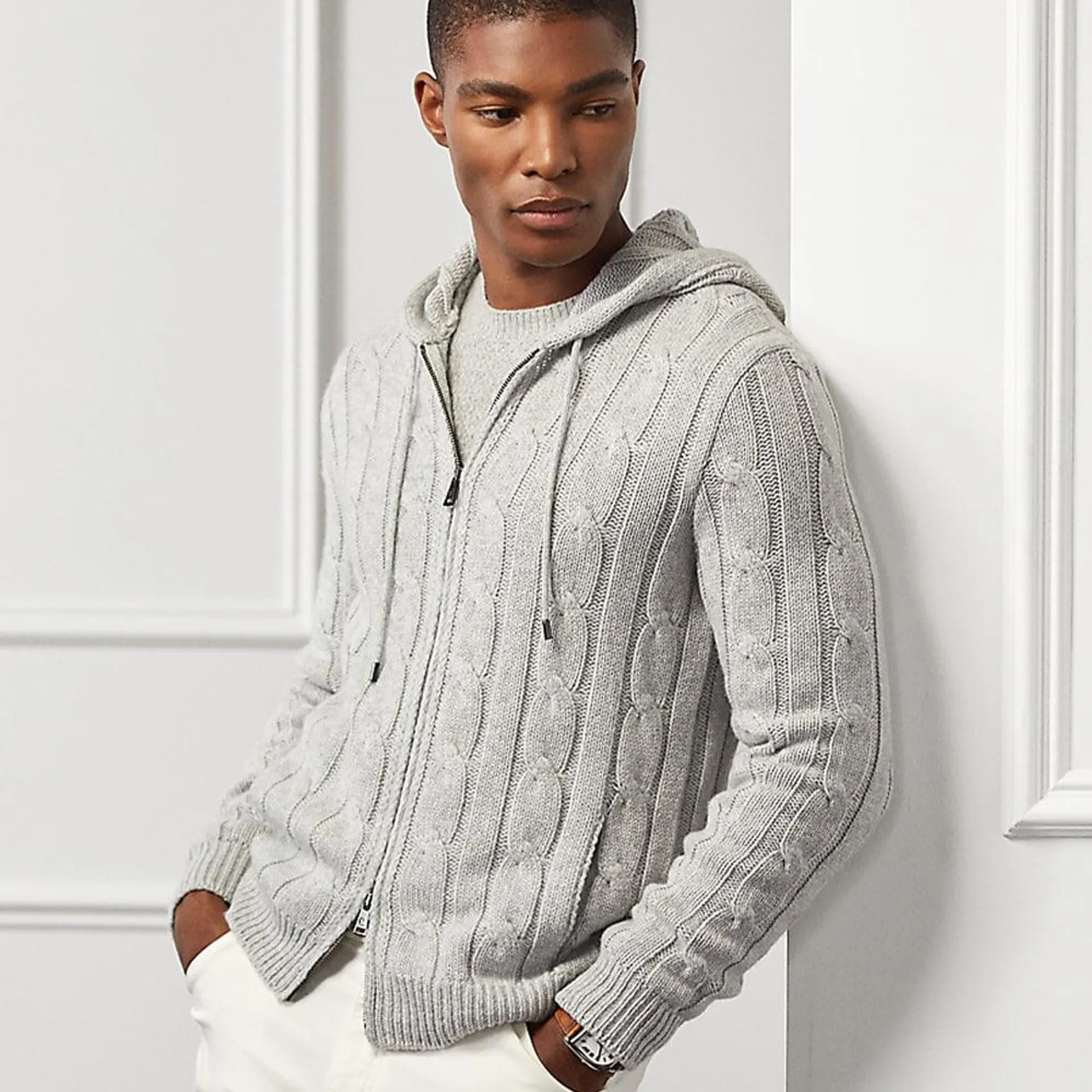 Cable-Knit Cashmere Full-Zip Sweater - Classic Light Grey Heather