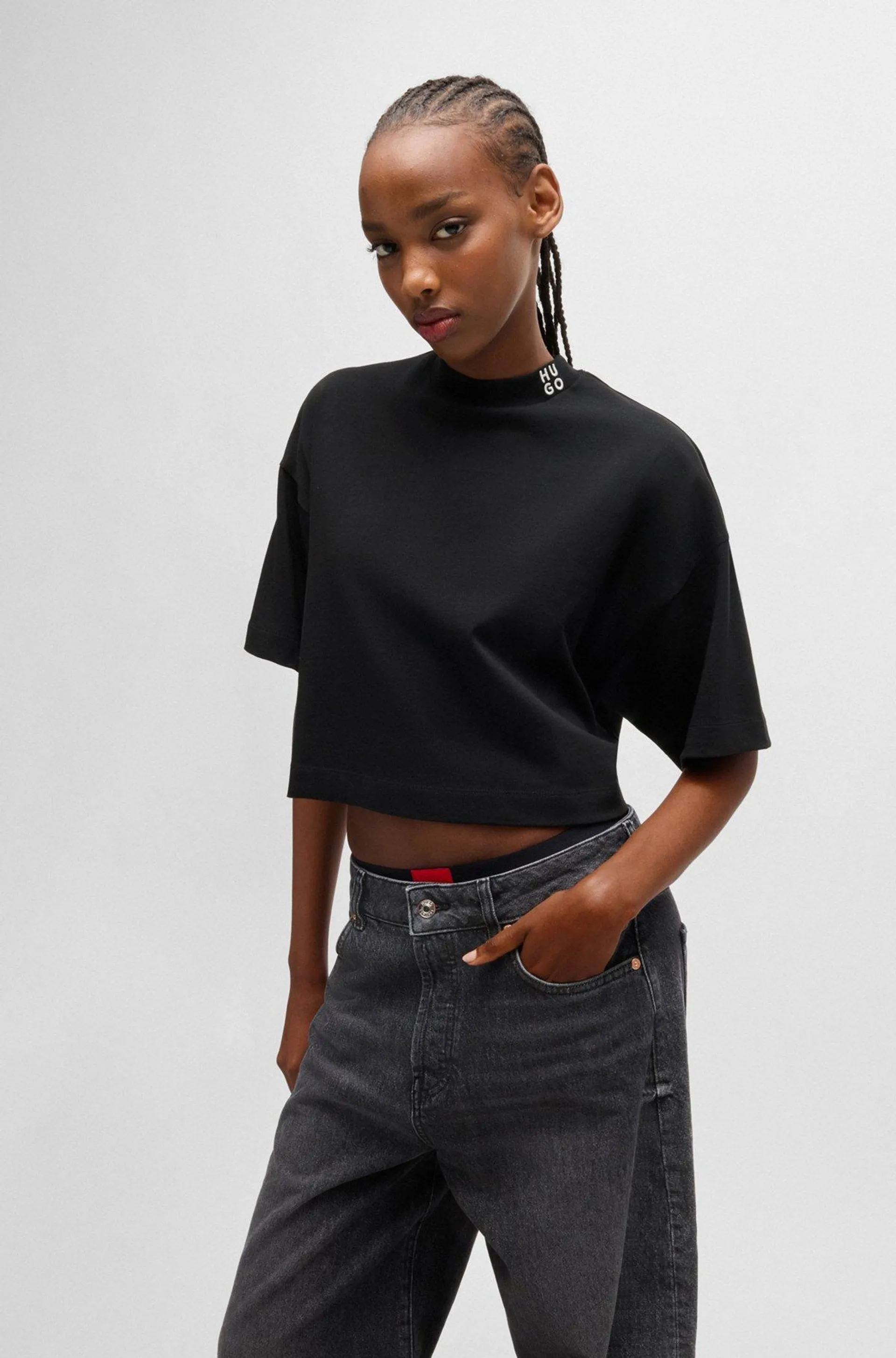 Cotton-jersey relaxed-fit cropped T-shirt with stacked logo