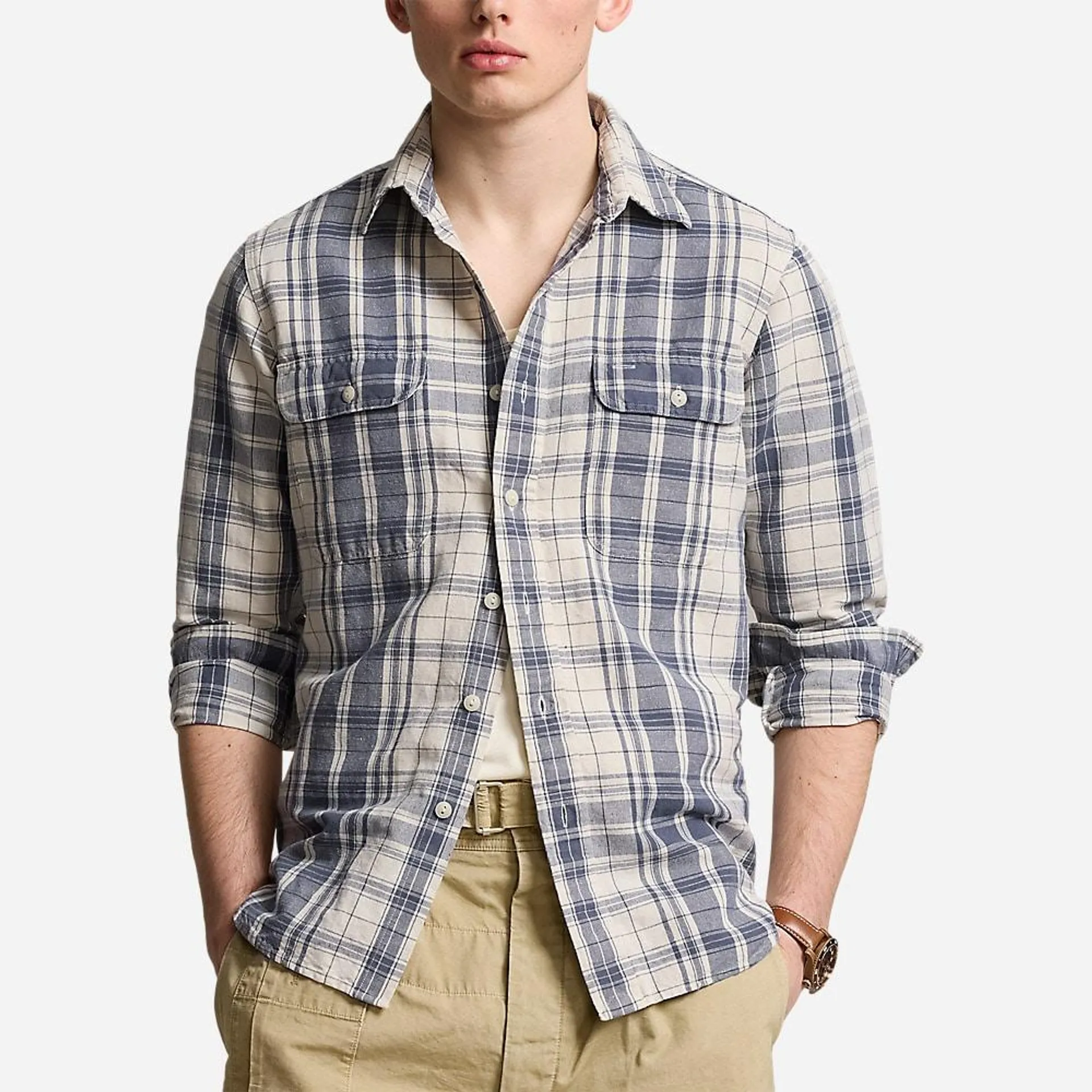 Classic Fit Plaid Linen-Cotton Workshirt - Cream/Indigo