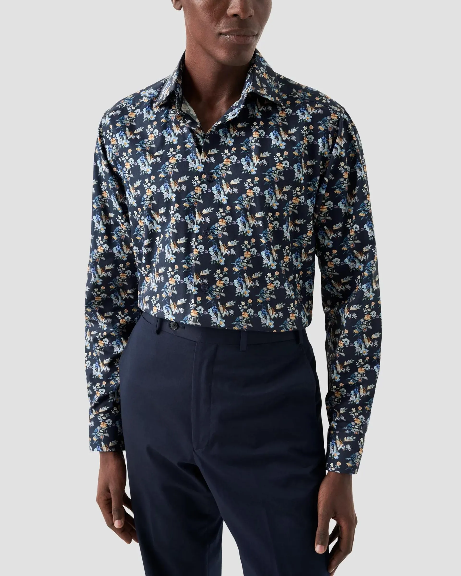 Navy Floral Print Twill Shirt