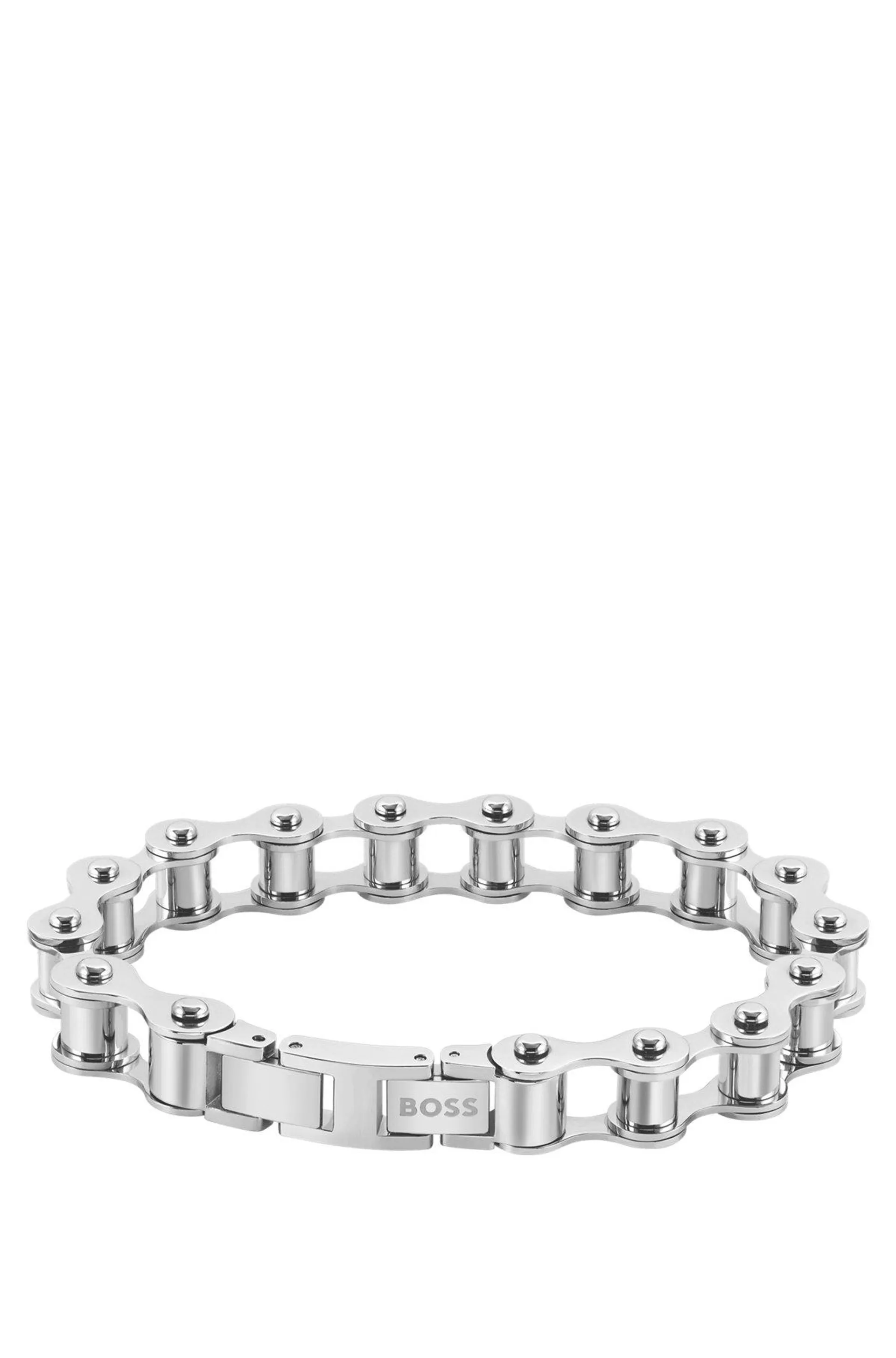 Bike-chain-inspired cuff with branded closure