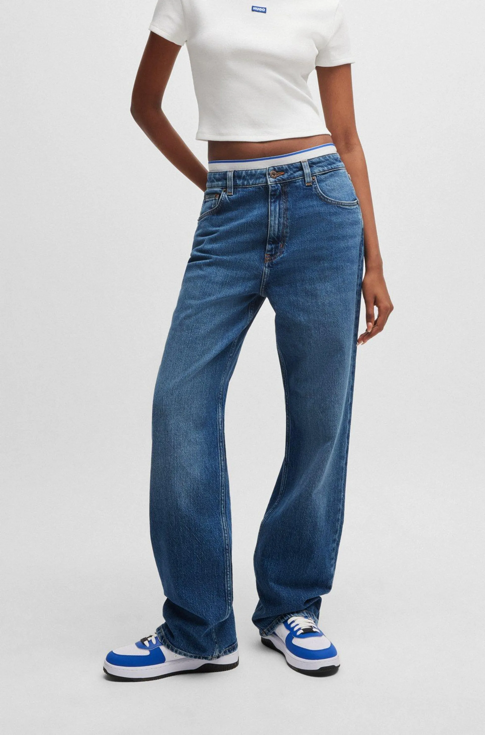 Long-length straight-fit jeans in blue stretch denim