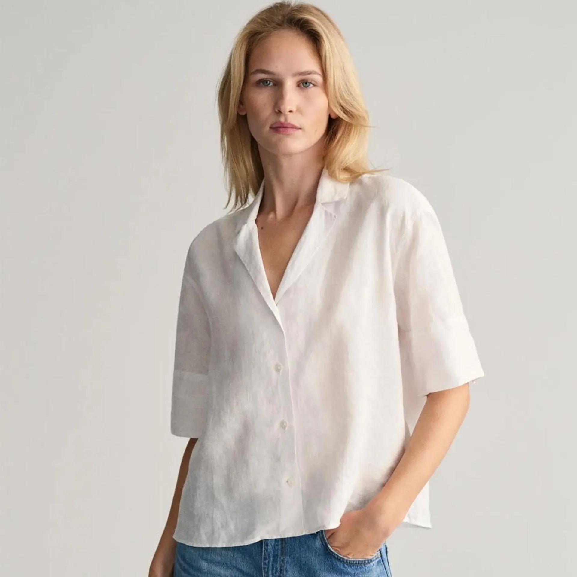 Relaxed Short Sleeve Linen Shirt - White