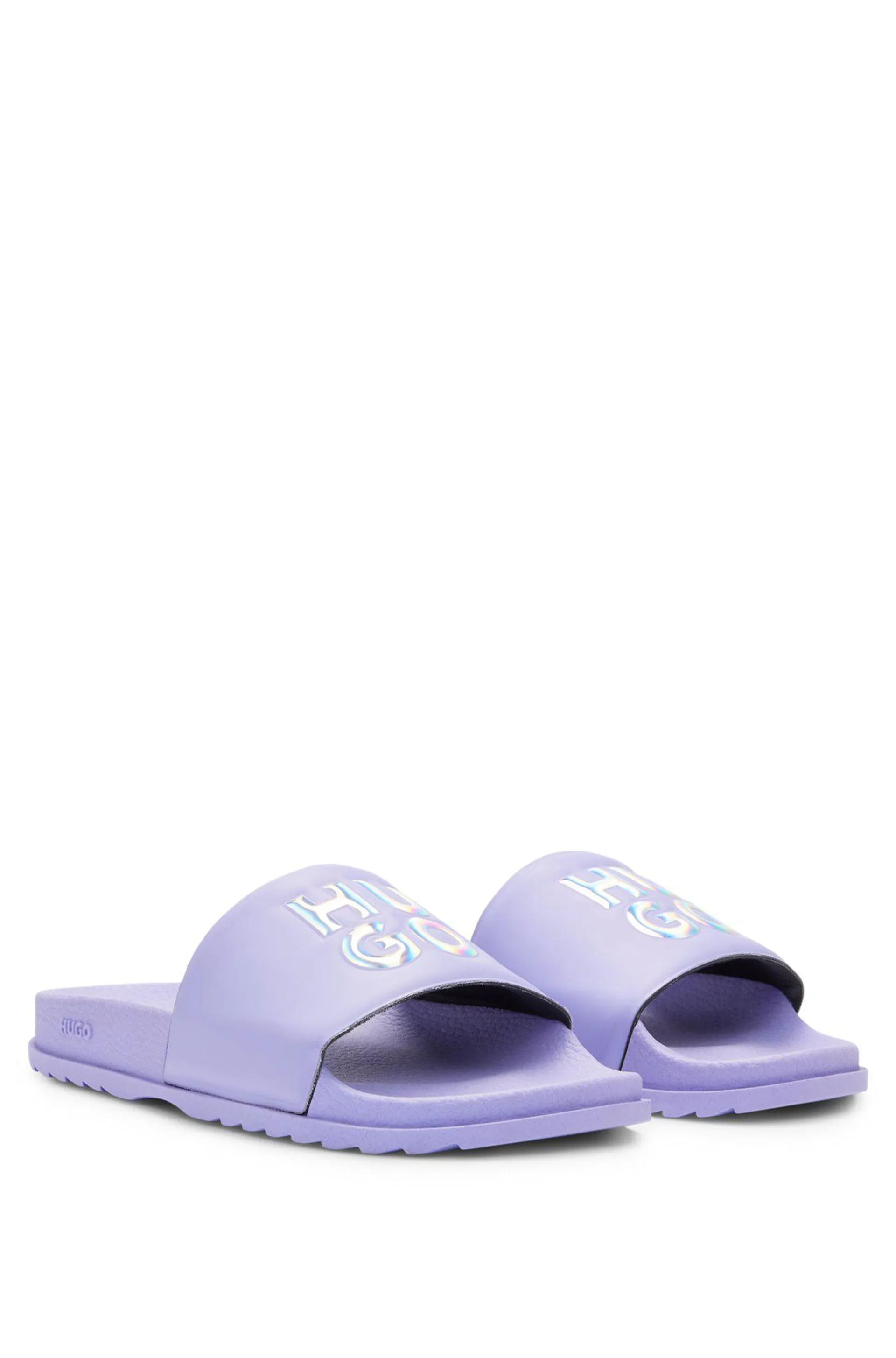 Italian-made slides with stacked-logo strap