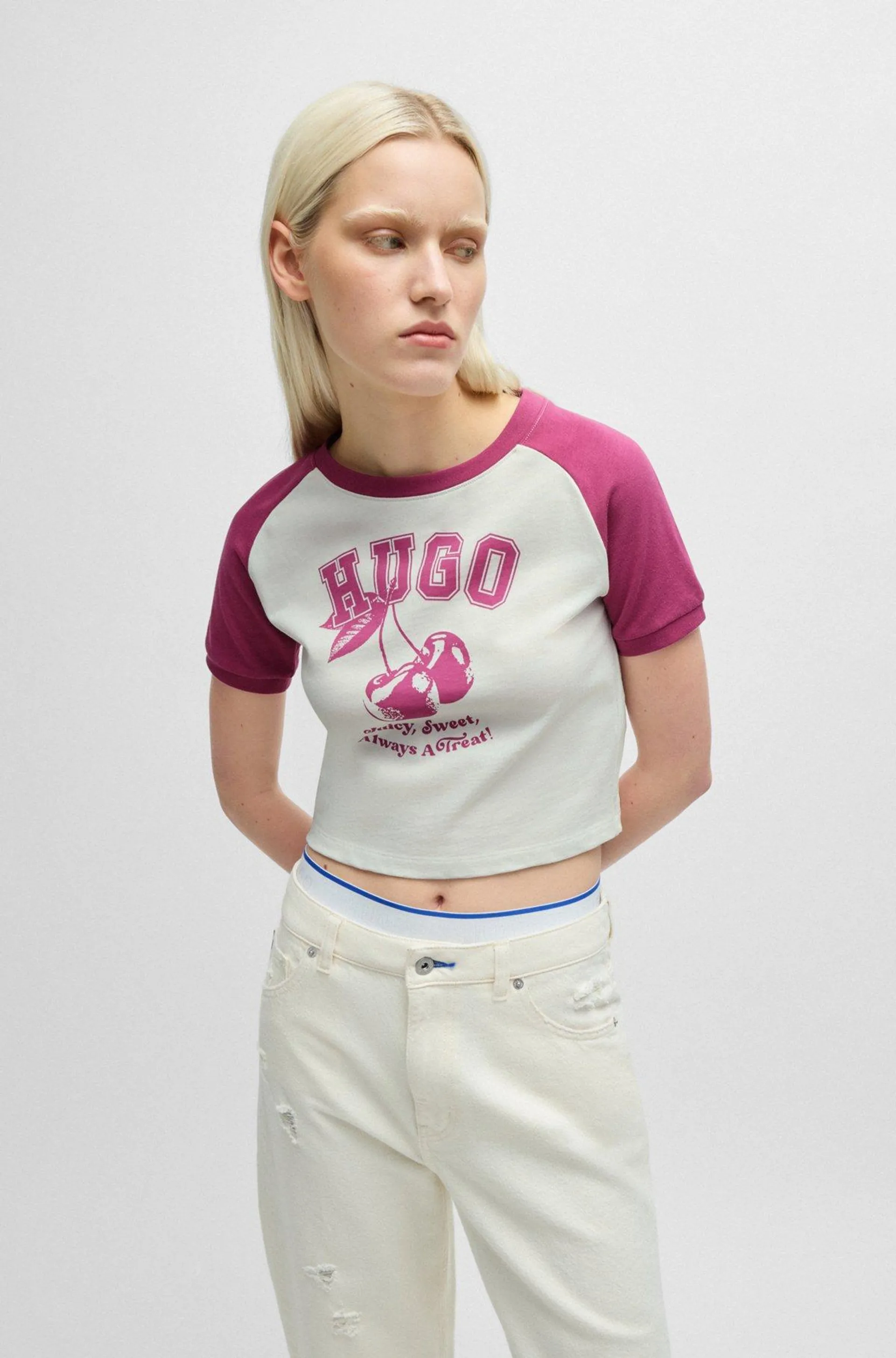 Cropped cotton-jersey T-shirt with varsity print