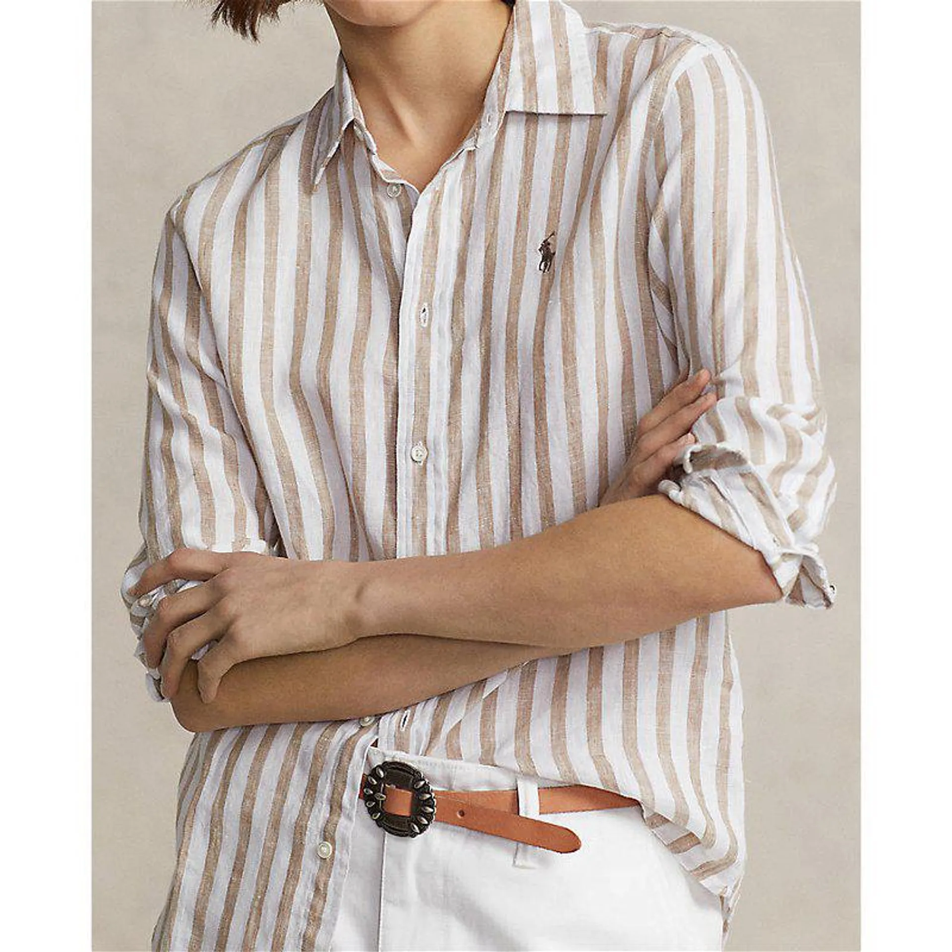Relaxed Fit Striped Linen Shirt Camel/White