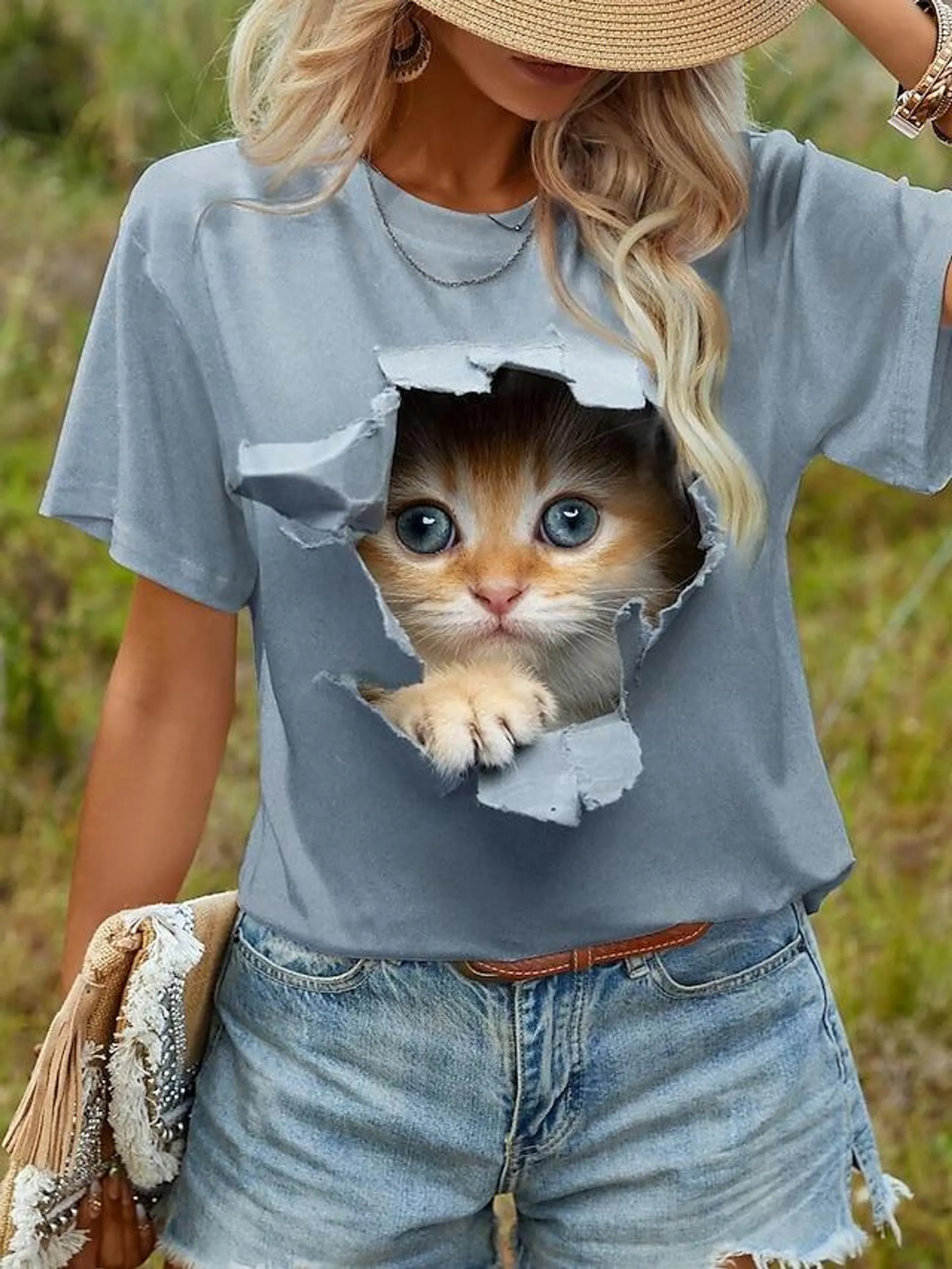 Dames T-shirt 3D cat dier Afdrukken Dagelijks Weekend Modieus Korte mouw Ronde hals Wit Zomer