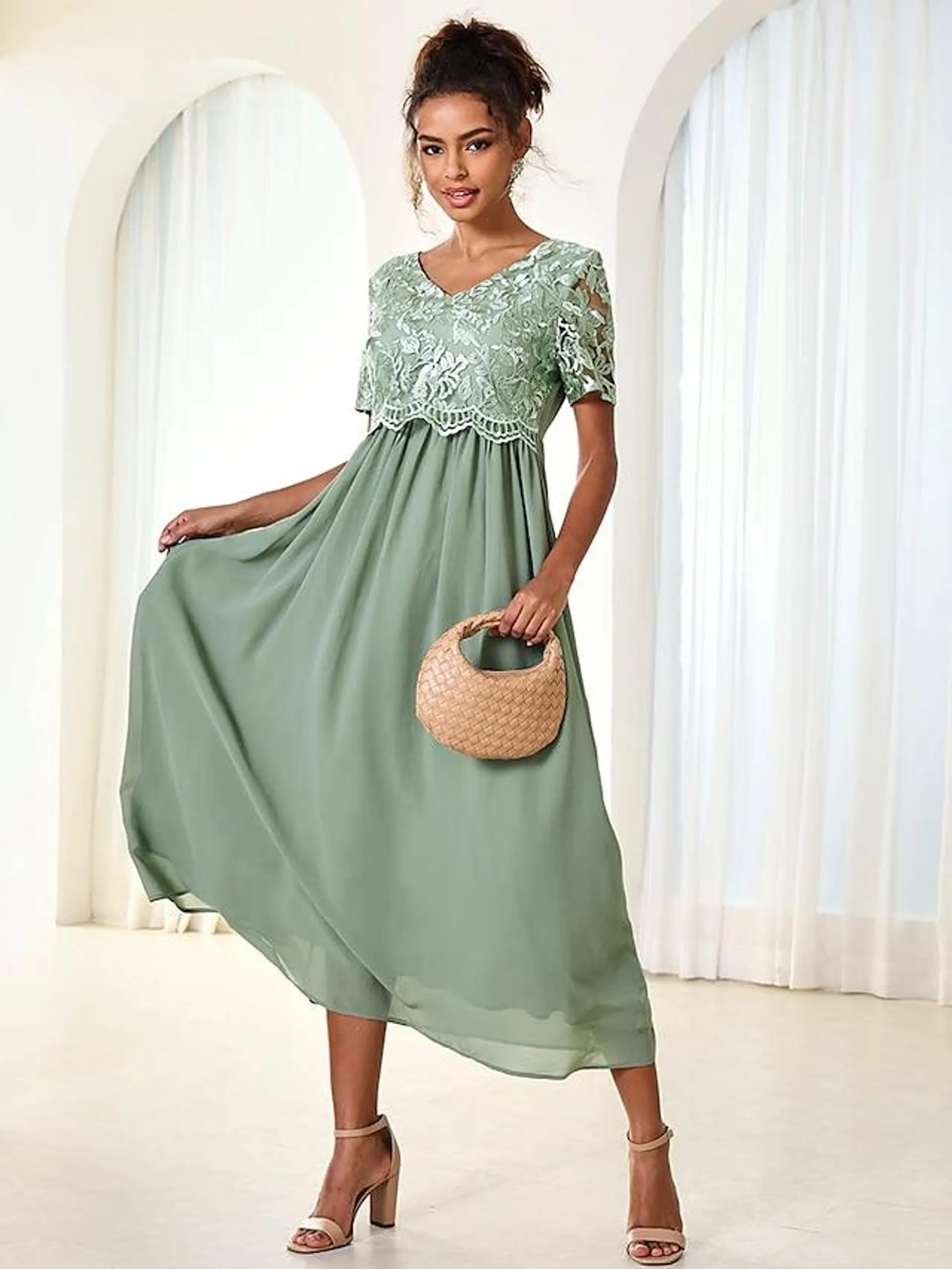 Women's Wedding Guest Cocktail Dress Maxi Dress Contrast Lace Party Elegant Formal V Neck Short Sleeve Pink Green Gray Color