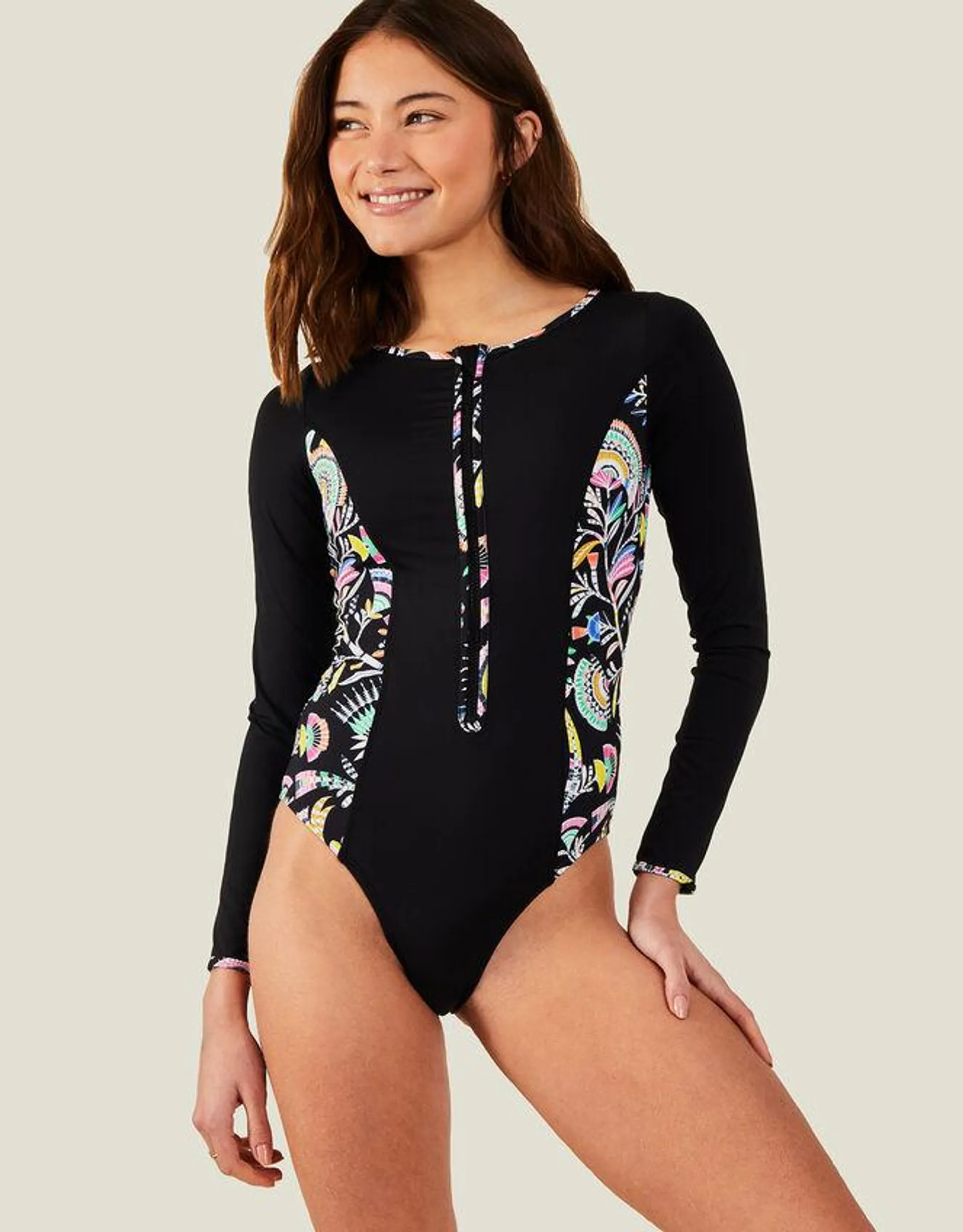 Long Sleeve Panel Swimsuit Black