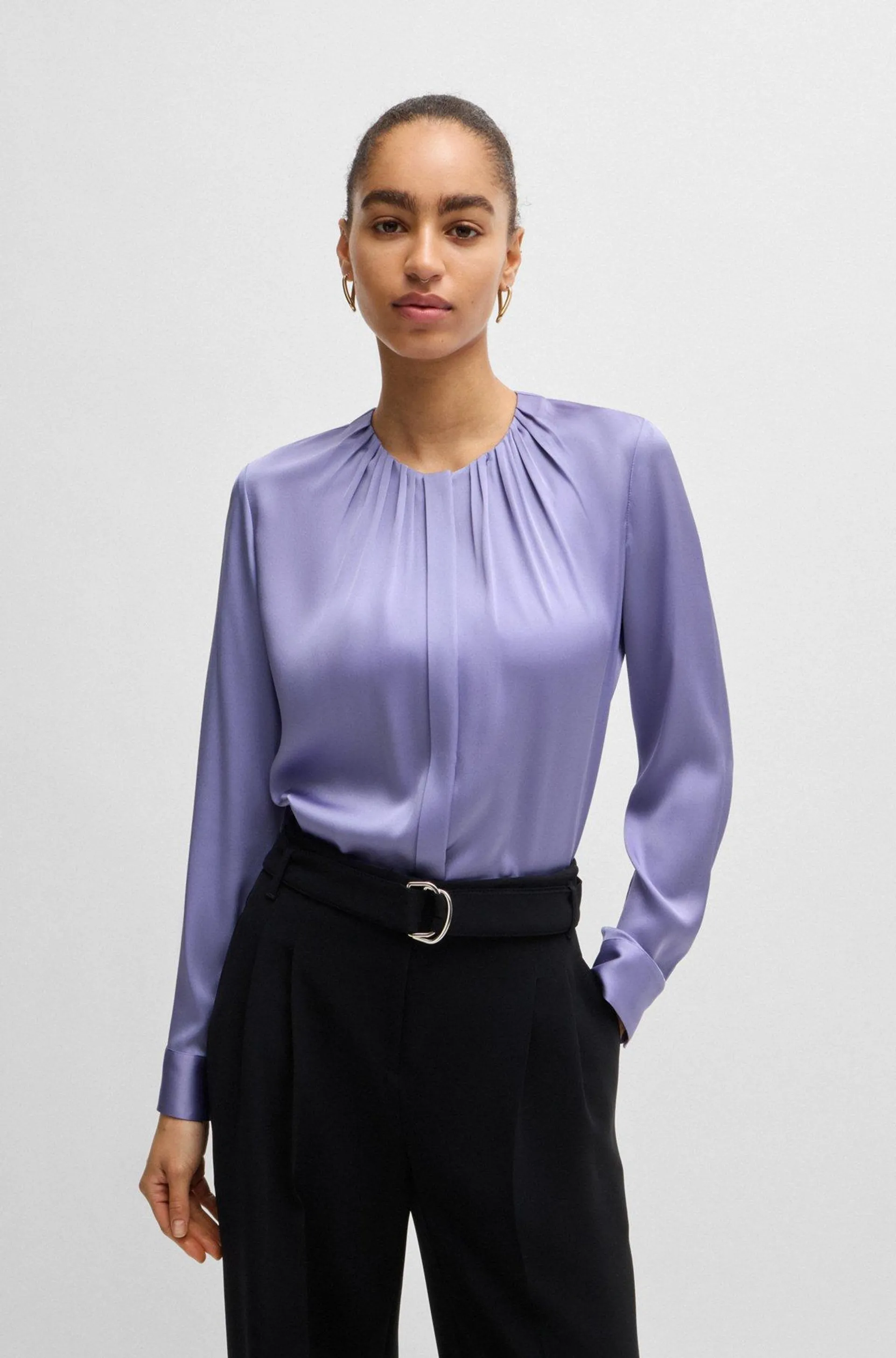 Ruched-neck blouse in stretch-silk crepe de Chine