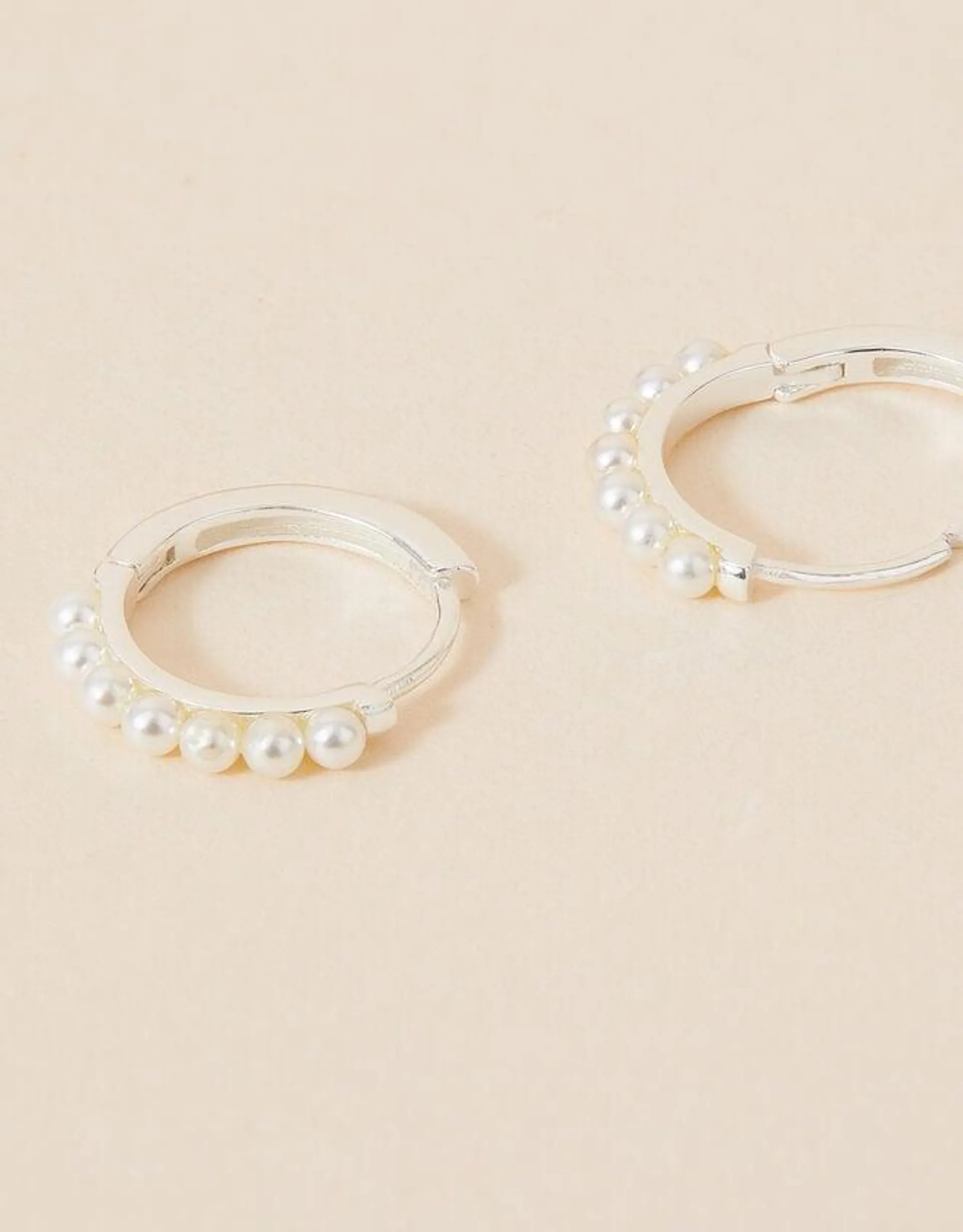 Sterling Silver-Plated Pearl Pave Huggie Hoops