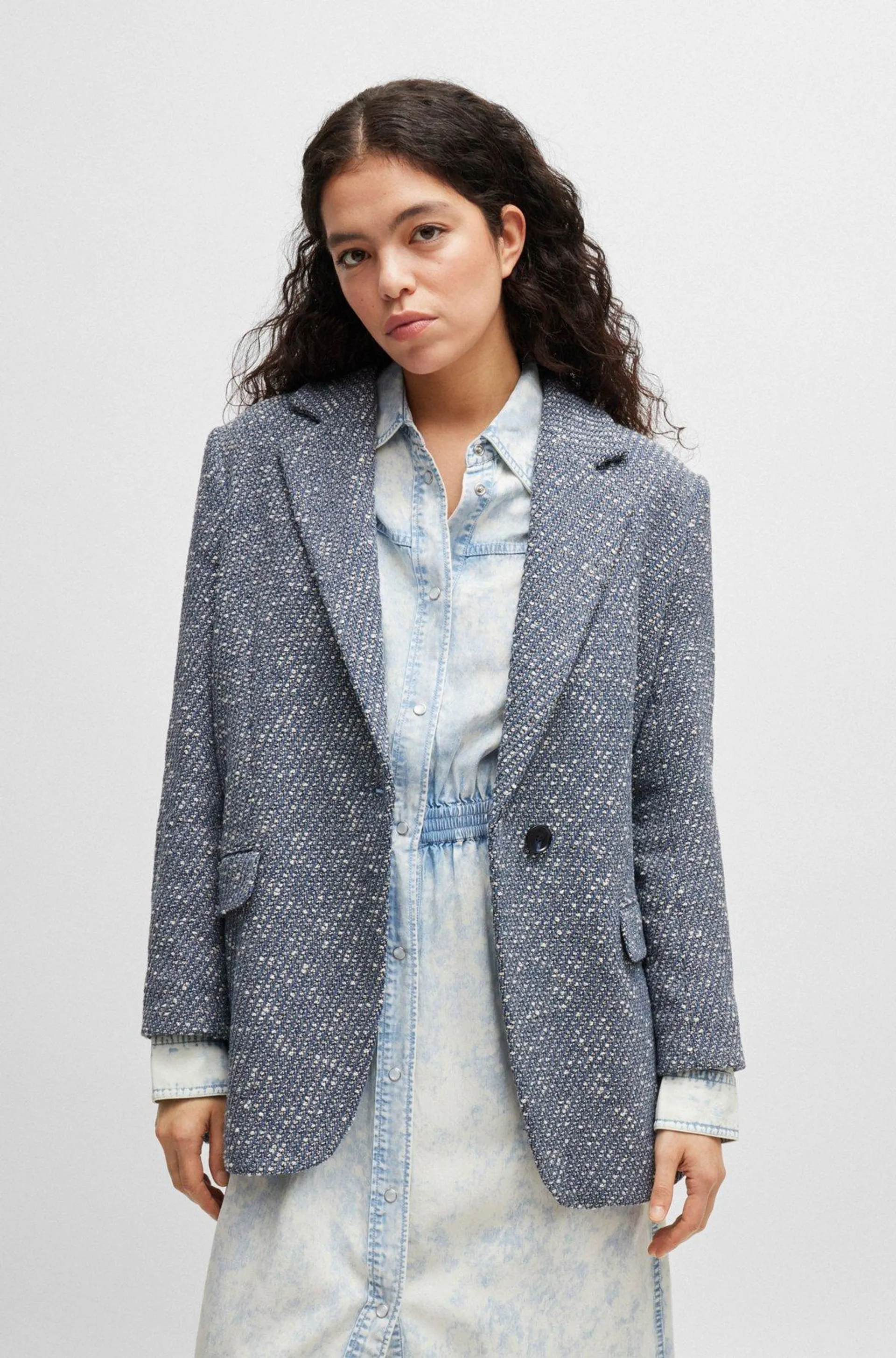 Single-button jacket in denim-effect tweed