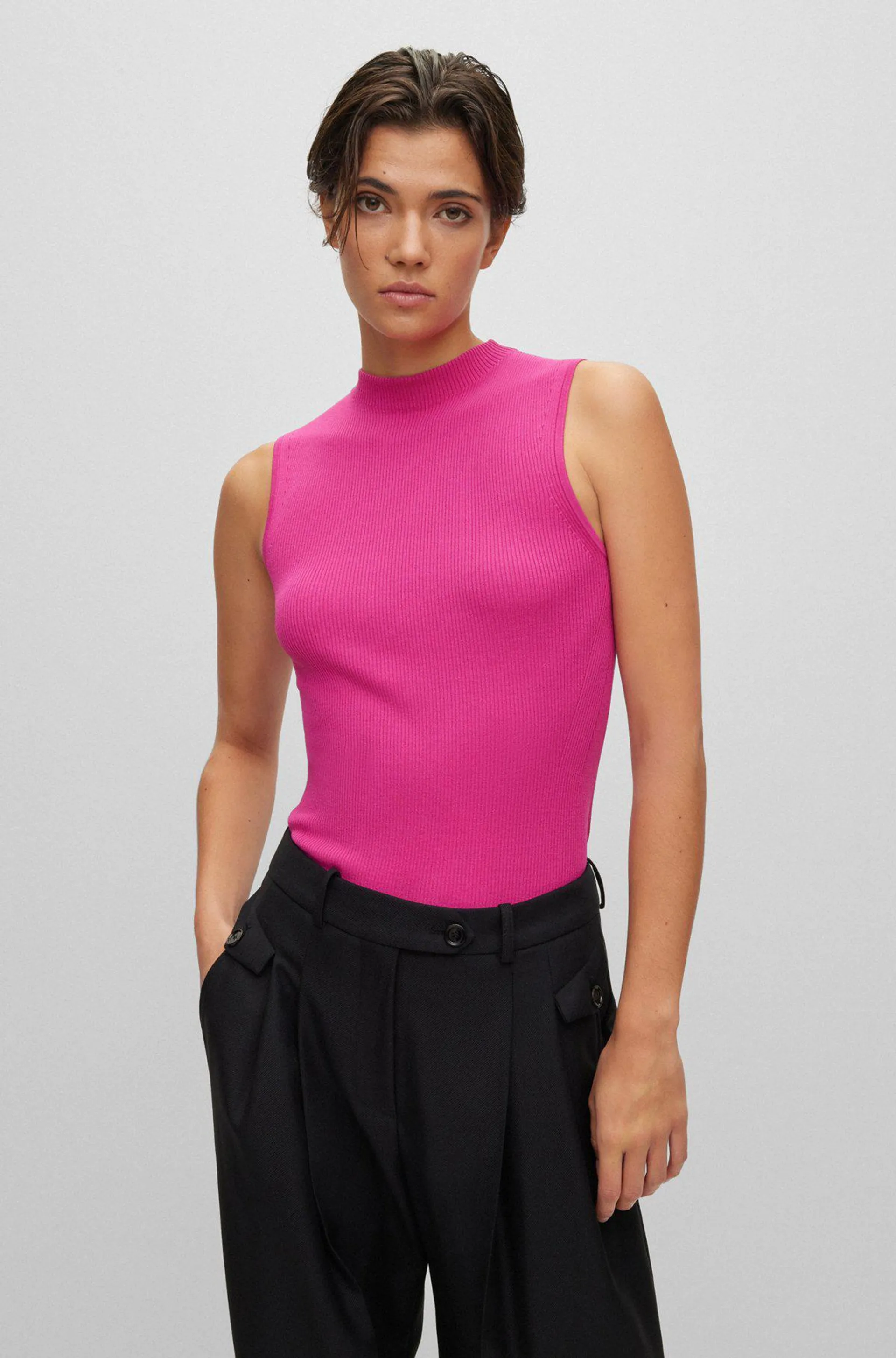 Sleeveless mock-neck top with ribbed structure