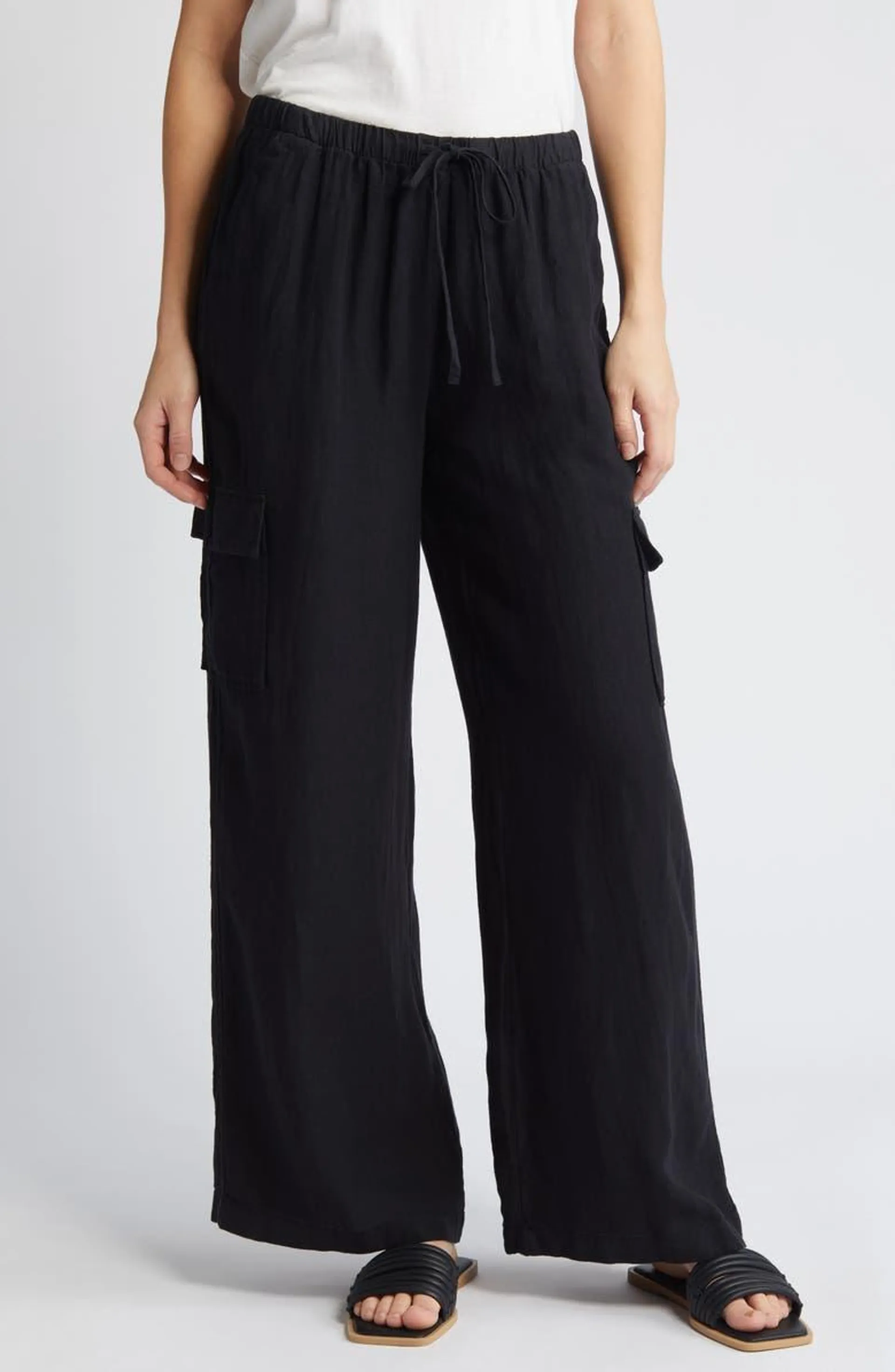 Drawstring Wide Leg Linen Cargo Pants