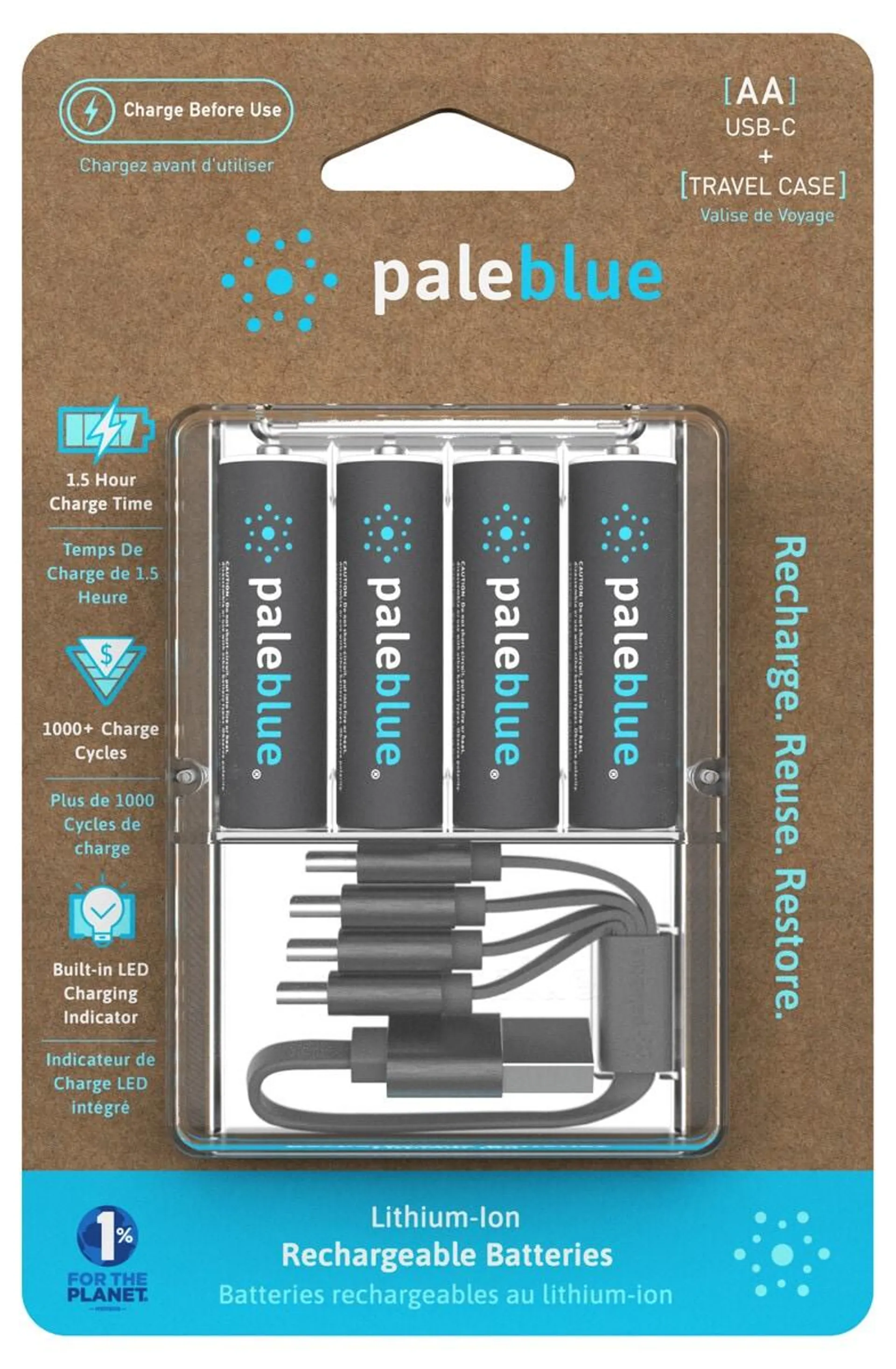 Pale Blue oppladbare AA-batterier USB-C, 4-pakning