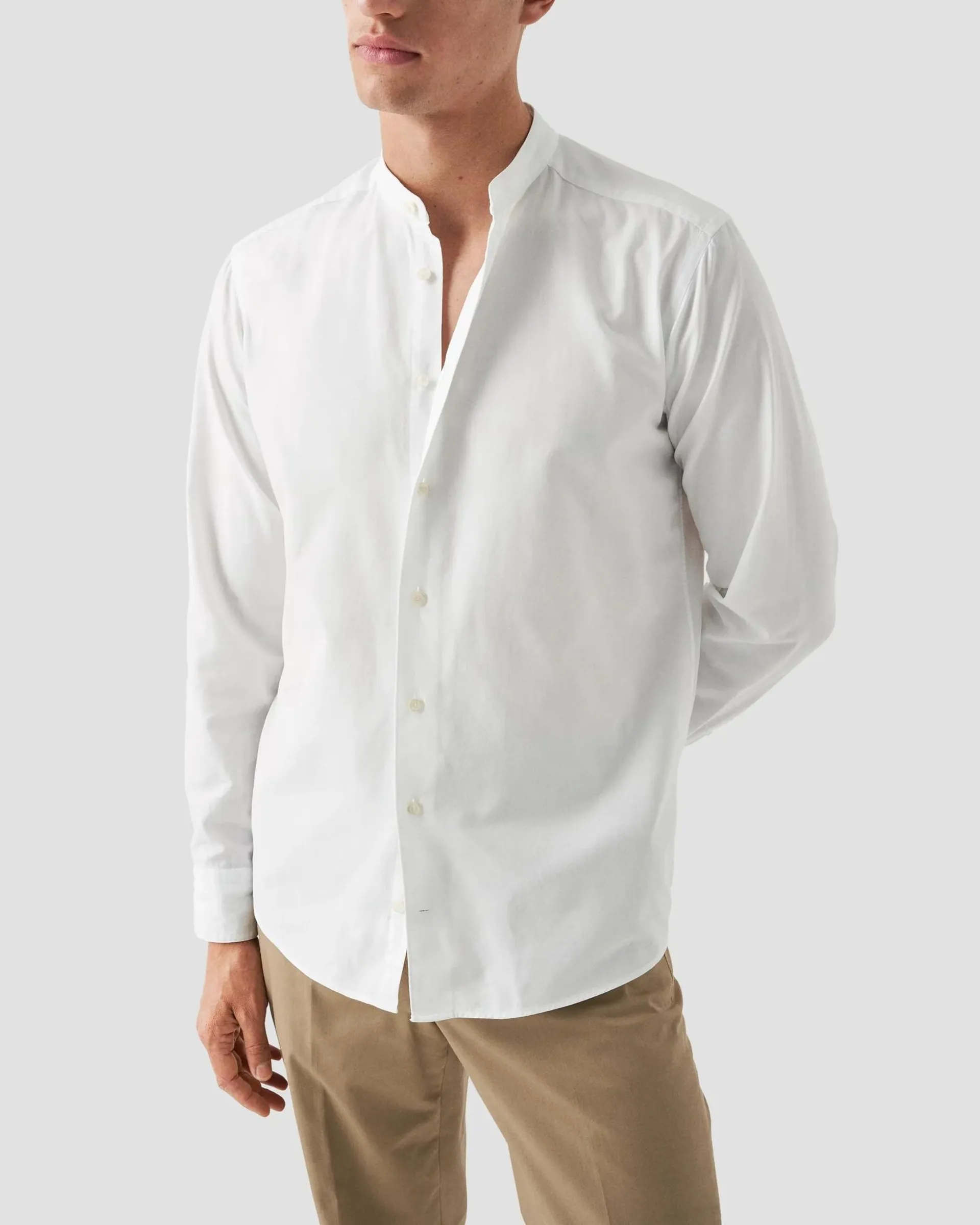 White Solid Oxford Band Collar Shirt