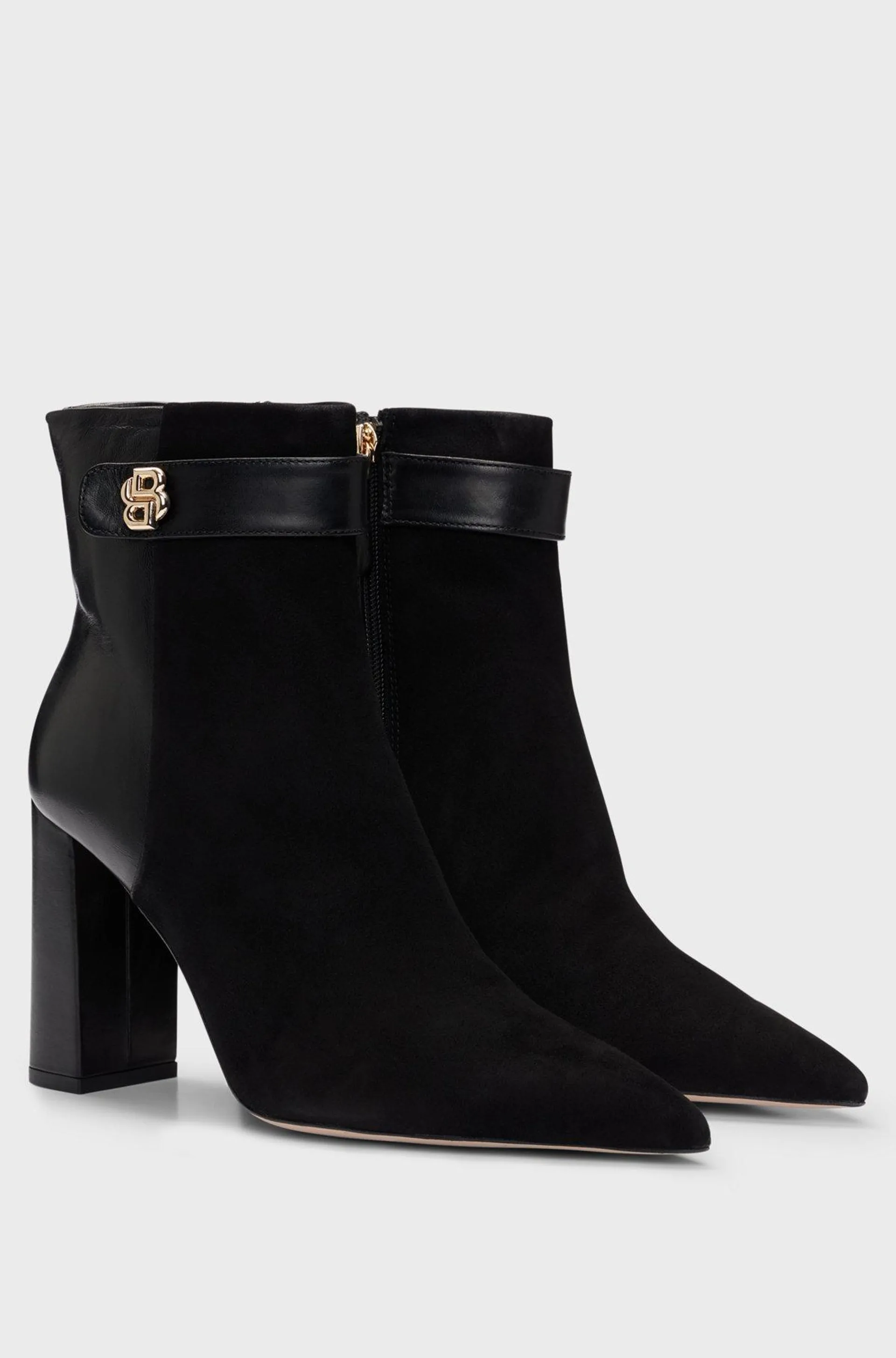 Block-heel ankle boots in suede and leather