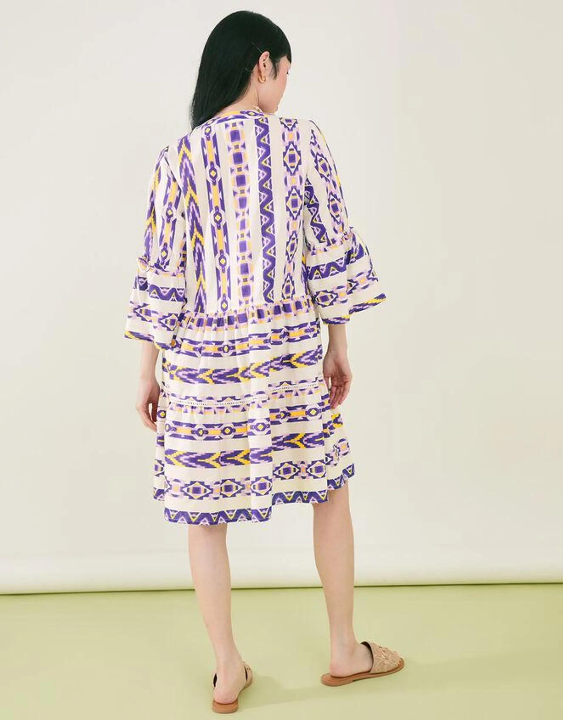 Printed Jacquard Flute Sleeve Dress Yellow