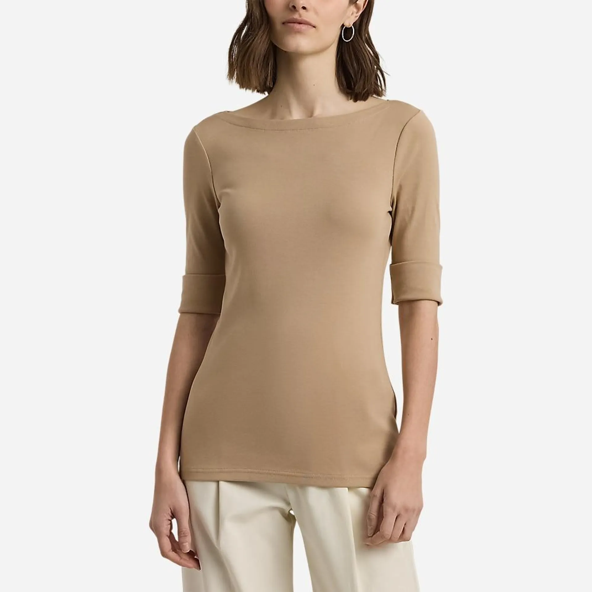 Stretch Cotton Boatneck Tee - Tan