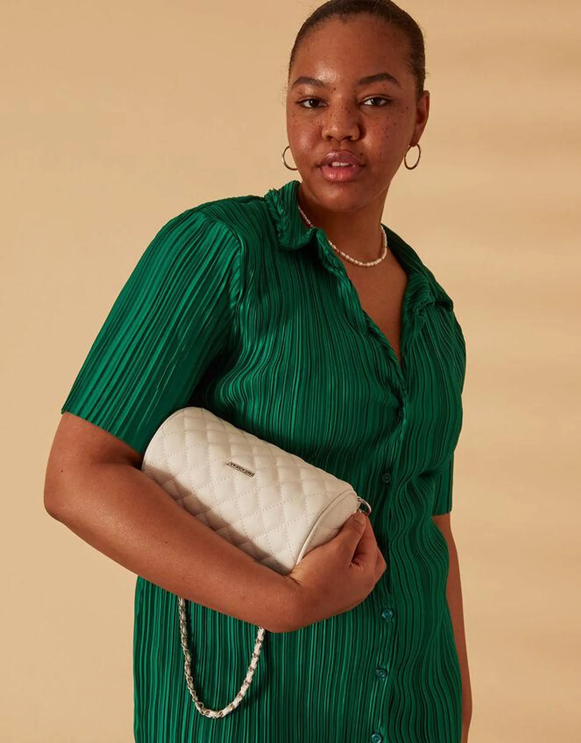 Quilted Barrel Cross-Body Bag White