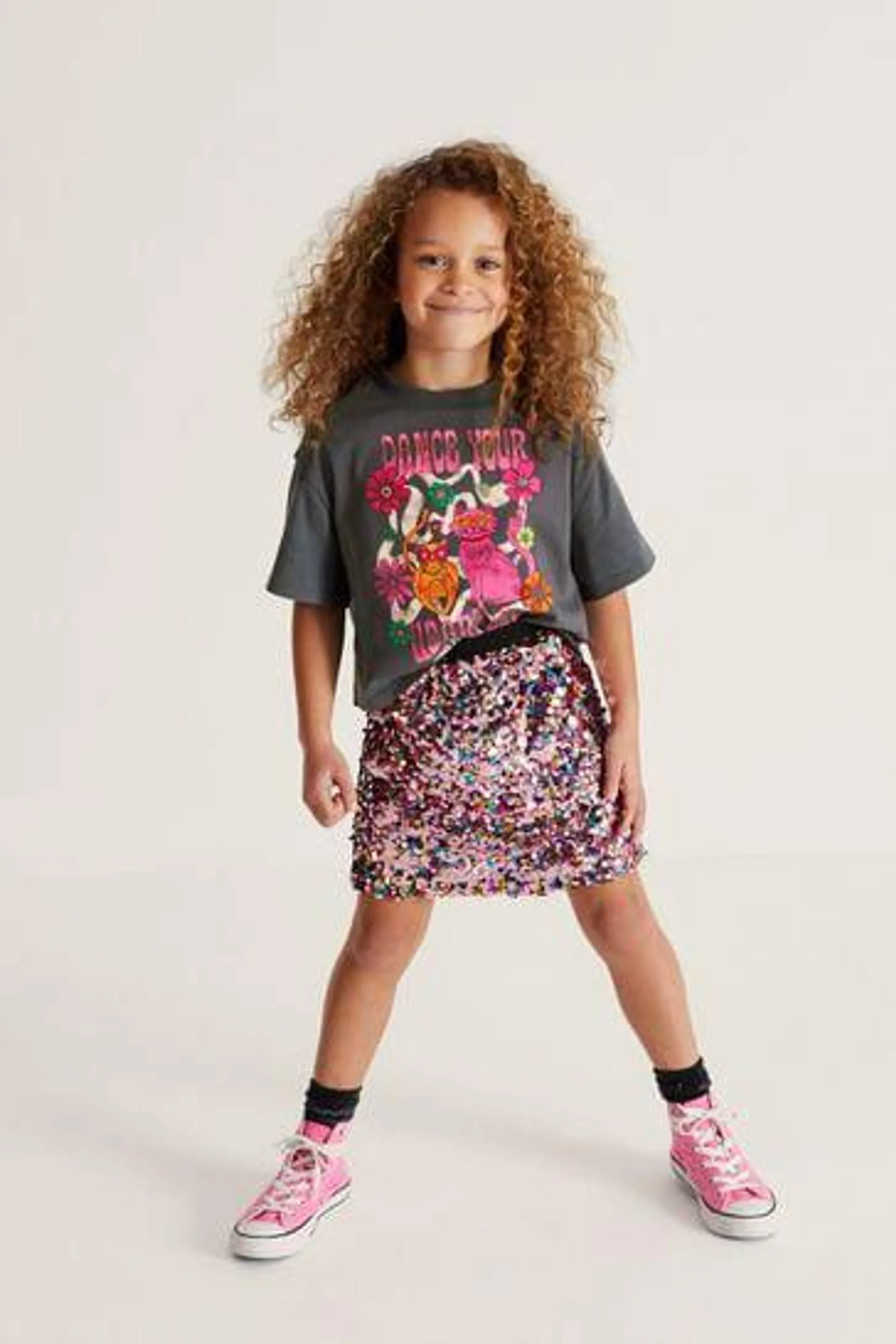 Charcoal Grey Printed T-Shirt And Sequin Skirt Set (3-16yrs)