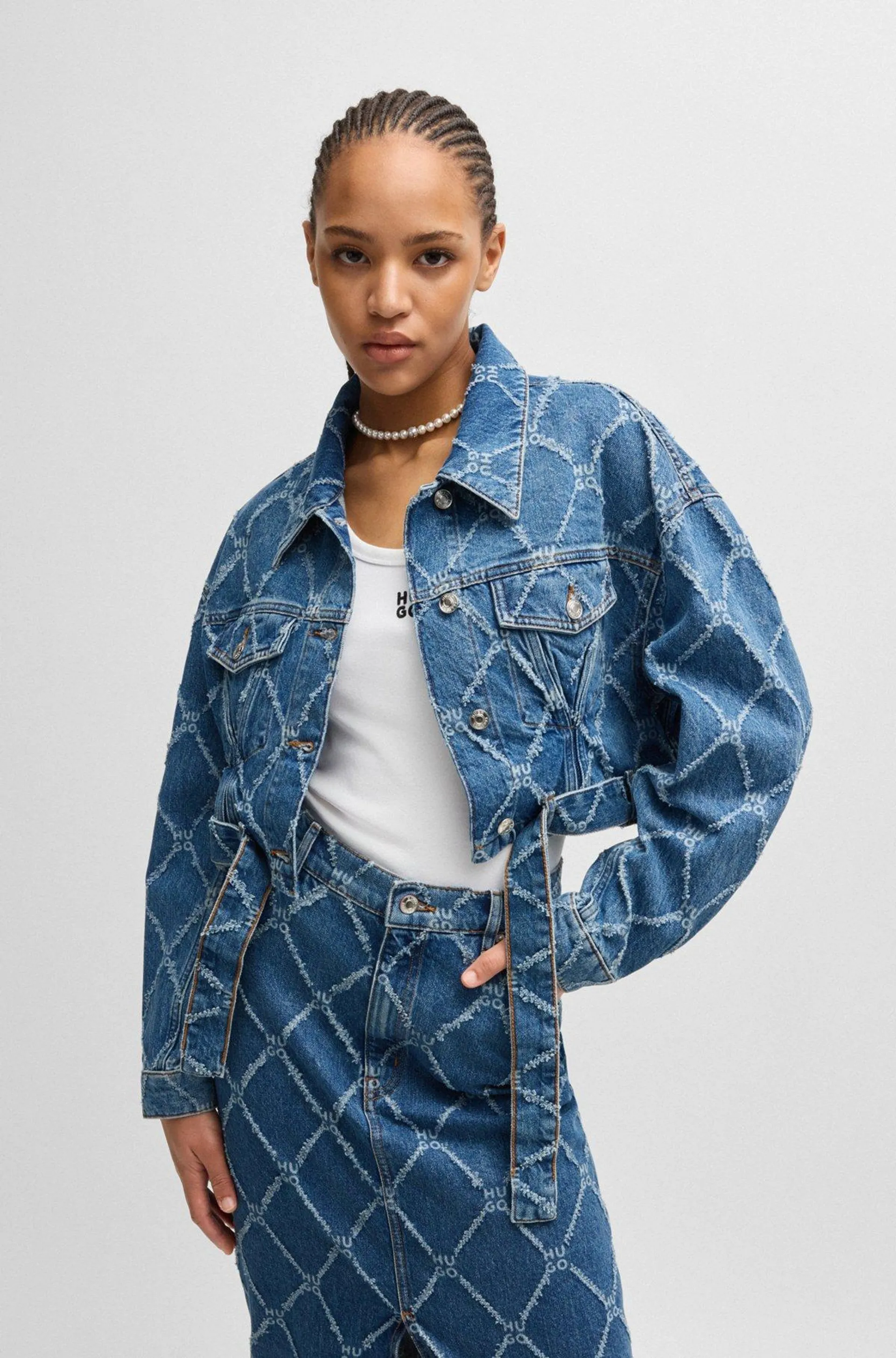 Cropped denim jacket with stacked-logo pattern