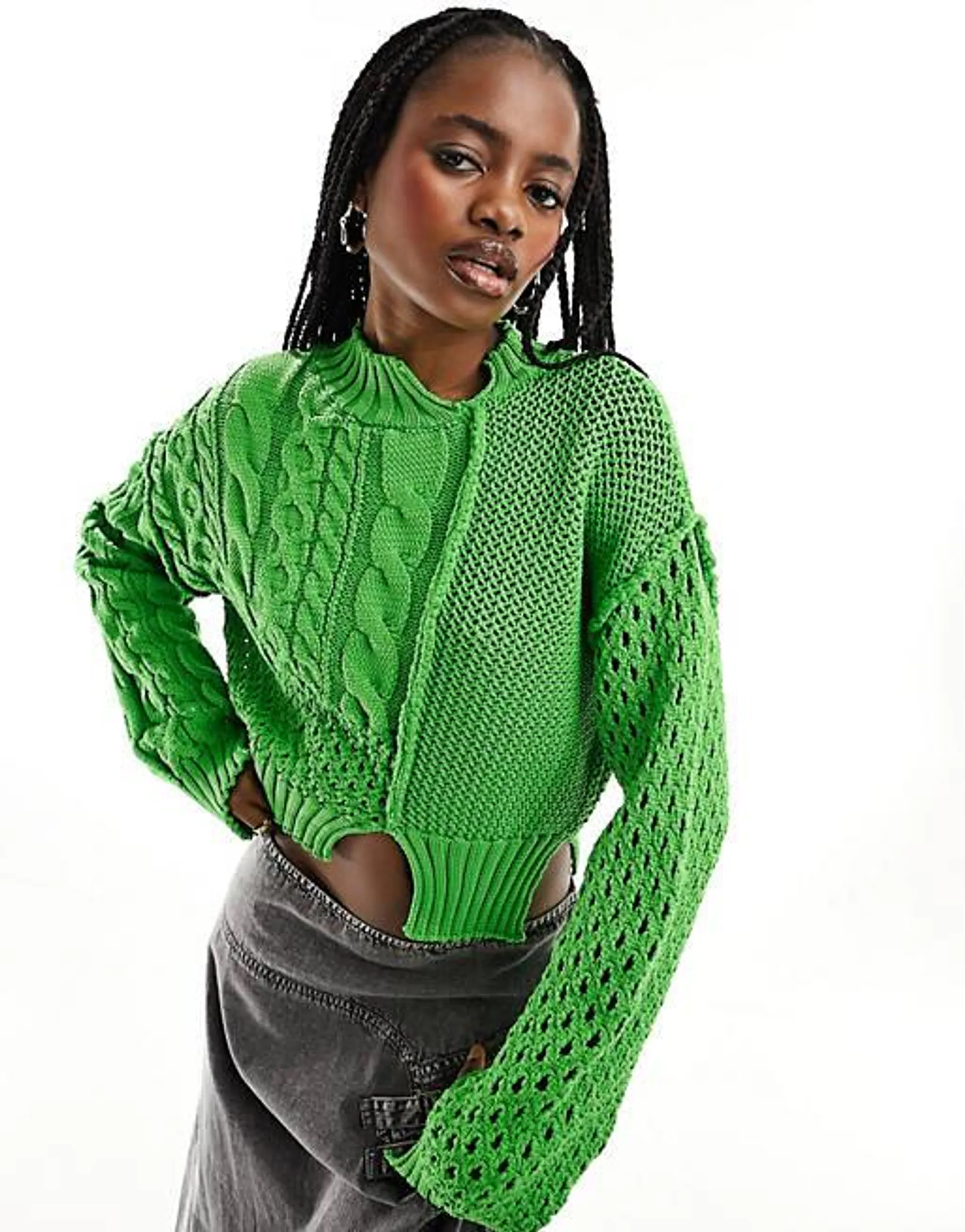 ASOS DESIGN crop jumper in mixed stitch with split details in green