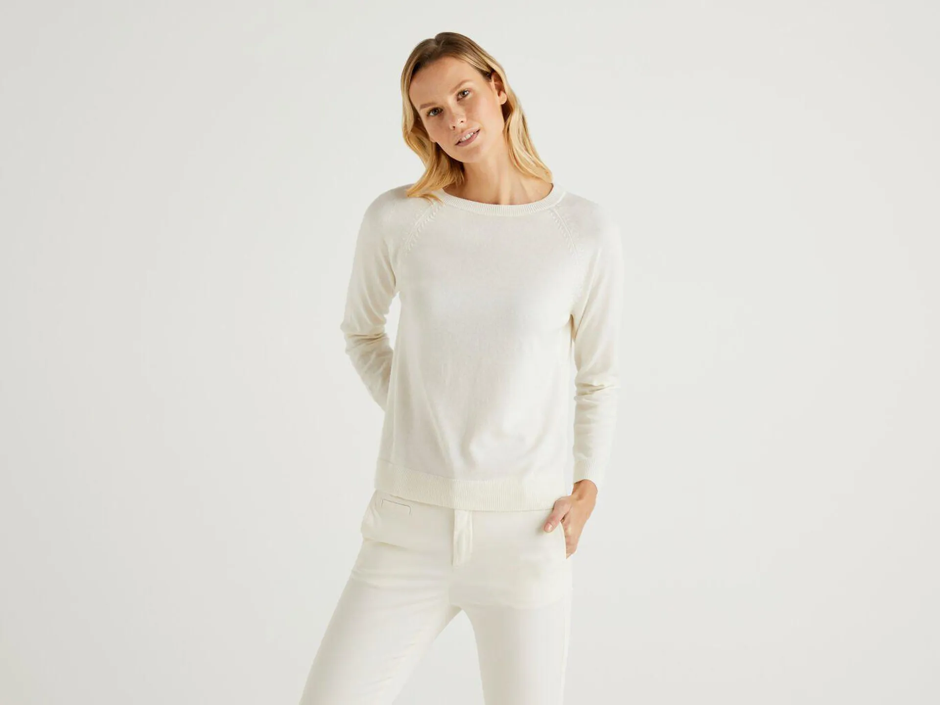 Benetton Cashmere Gensere Dame Pisket Krem Hvite | Norge-9785013